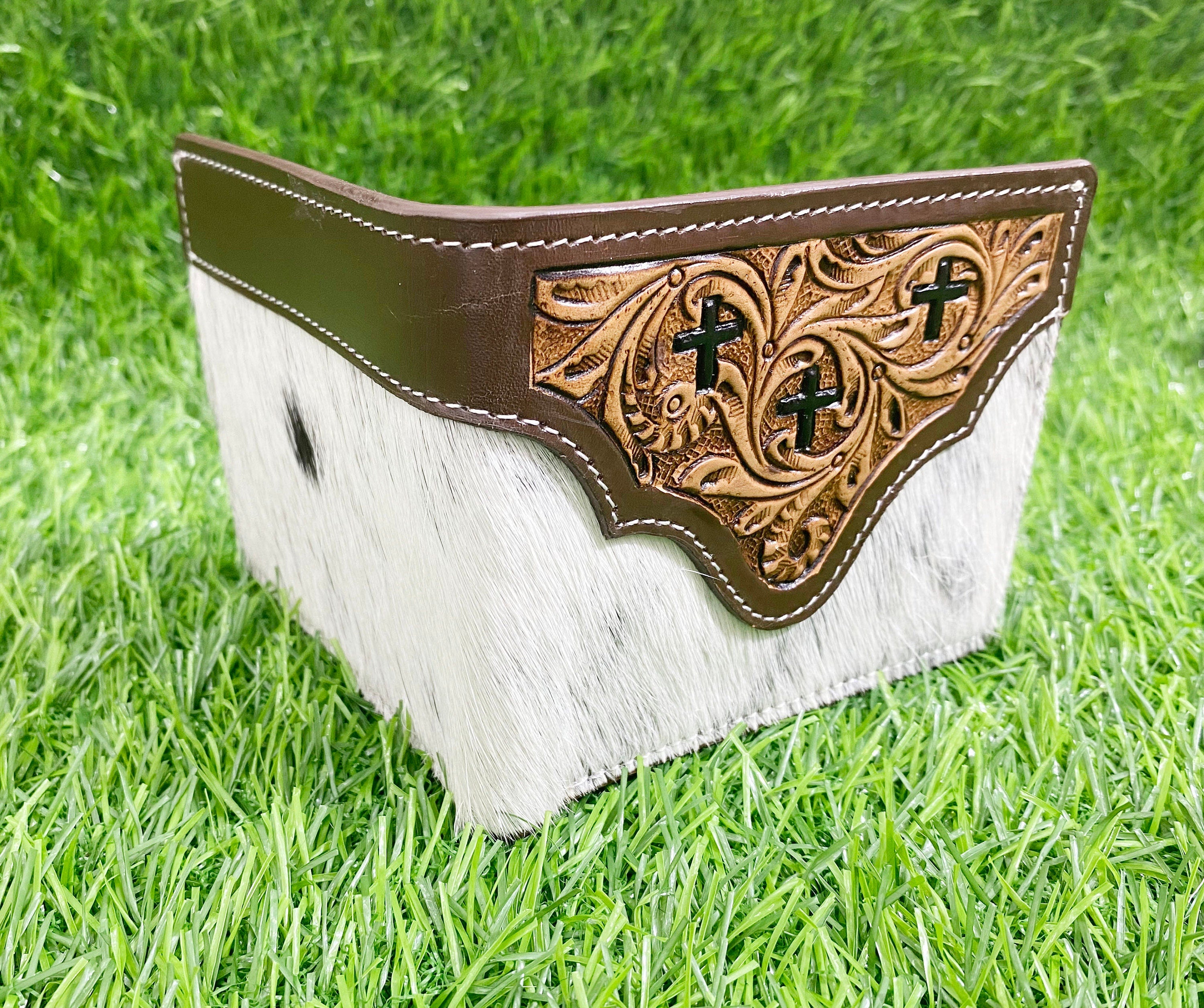 MOUSM Wallet Western Mens Leather Wallet for Men Argentina cow leather with cross carving Antique finish wallet with black and white cowhide