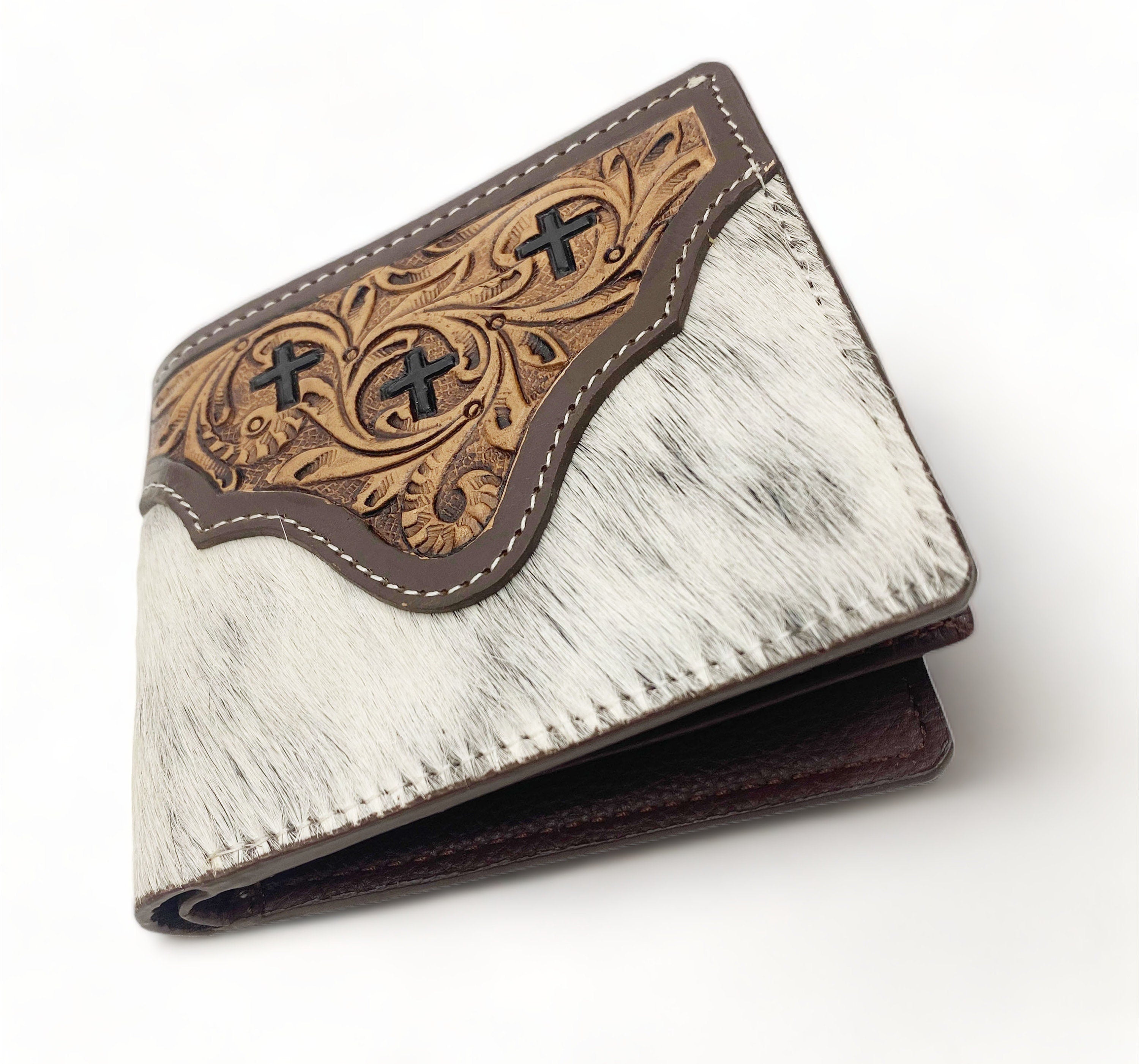 MOUSM Wallet Western Mens Leather Wallet for Men Argentina cow leather with cross carving Antique finish wallet with black and white cowhide