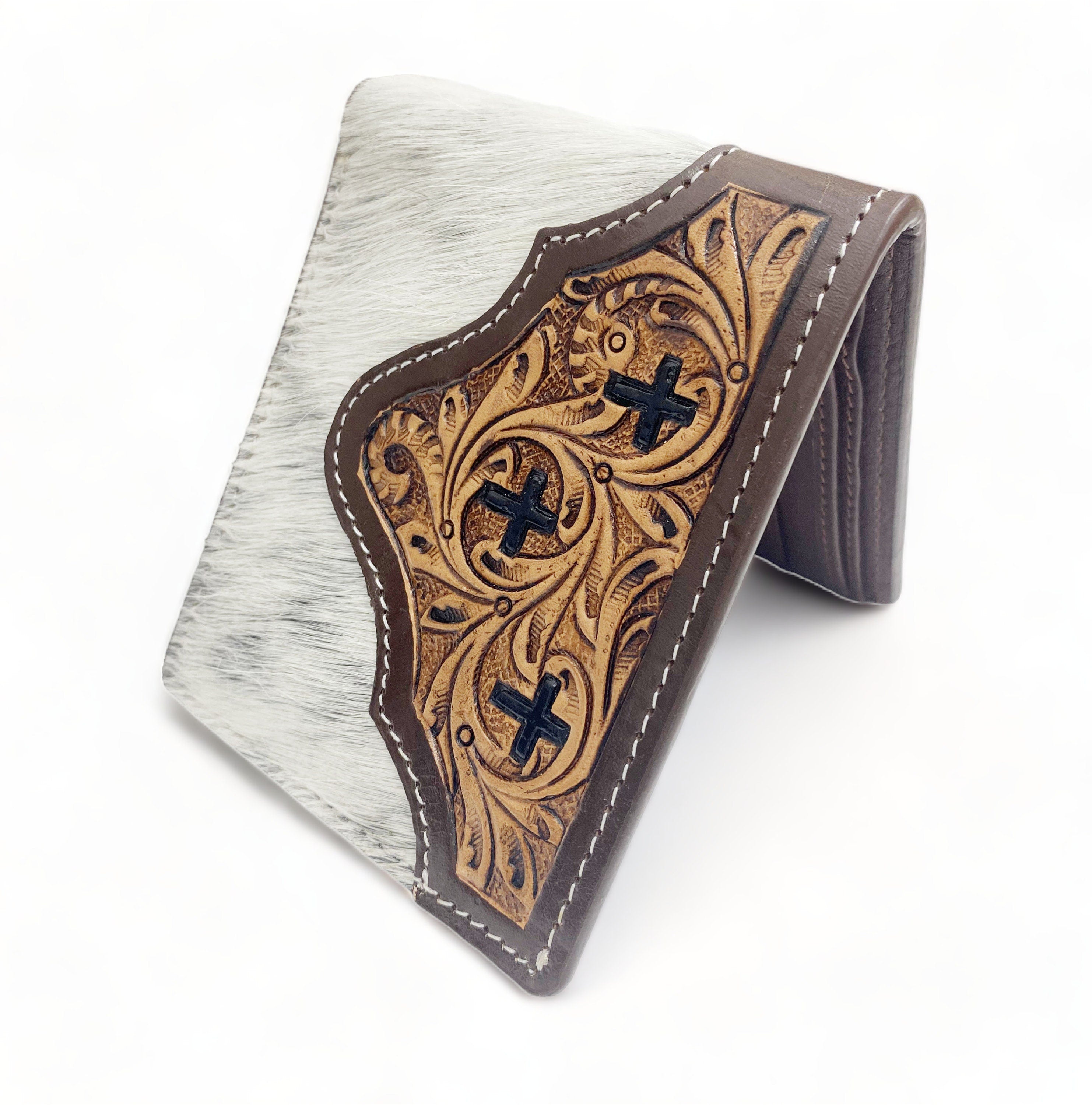 MOUSM Wallet Western Mens Leather Wallet for Men Argentina cow leather with cross carving Antique finish wallet with black and white cowhide