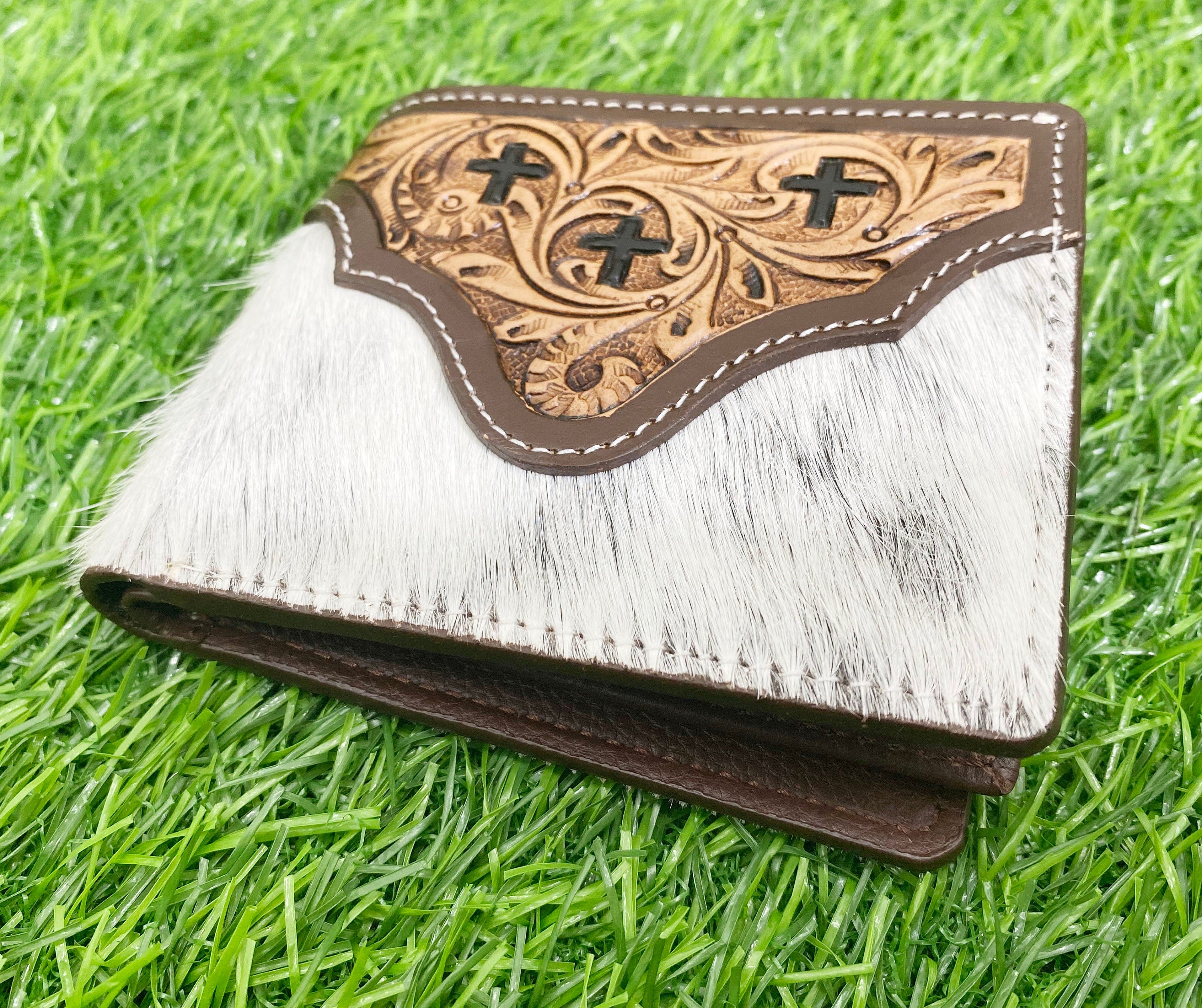 MOUSM Wallet Western Mens Leather Wallet for Men Argentina cow leather with cross carving Antique finish wallet with black and white cowhide