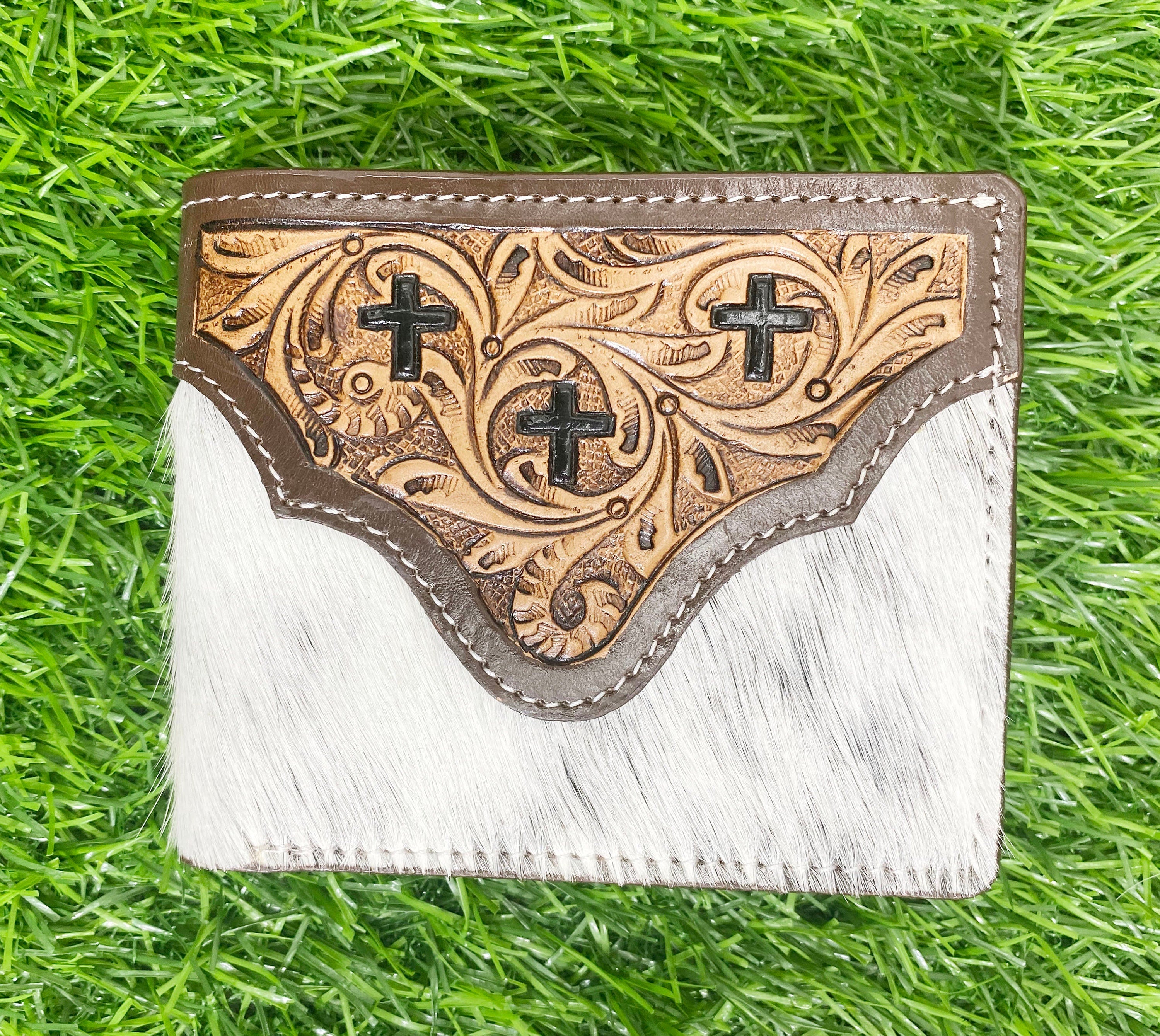 MOUSM Wallet Western Mens Leather Wallet for Men Argentina cow leather with cross carving Antique finish wallet with black and white cowhide