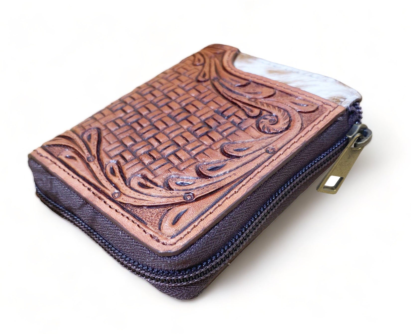 MOUSM Wallet Western Mens Leather Wallet for Men Argentina cow leather box tooled border carving wallet Full zipper closing wallet