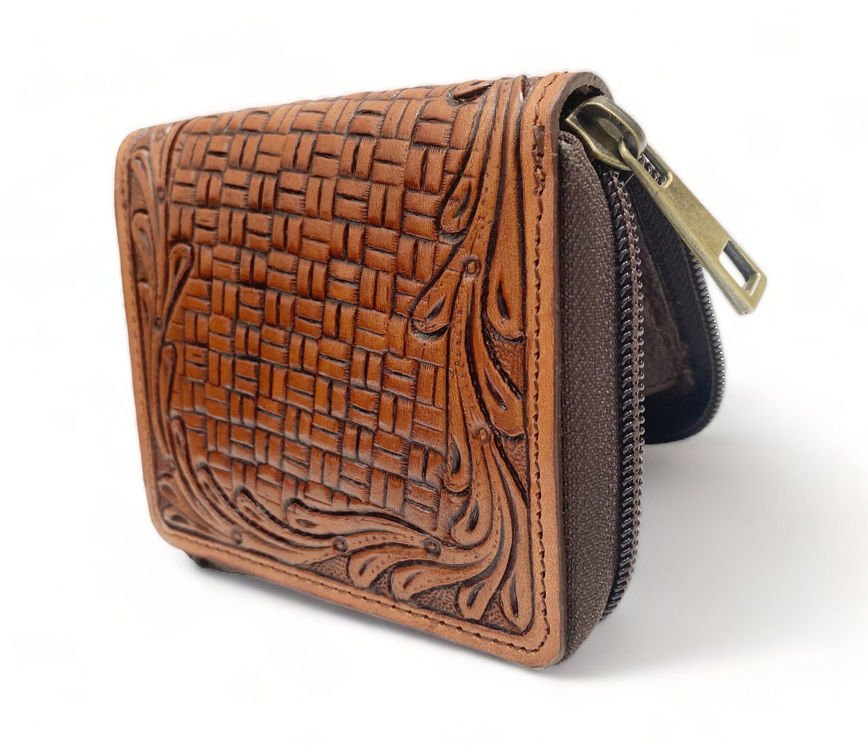 MOUSM Wallet Western Mens Leather Wallet for Men Argentina cow leather box tooled border carving wallet Full zipper closing wallet