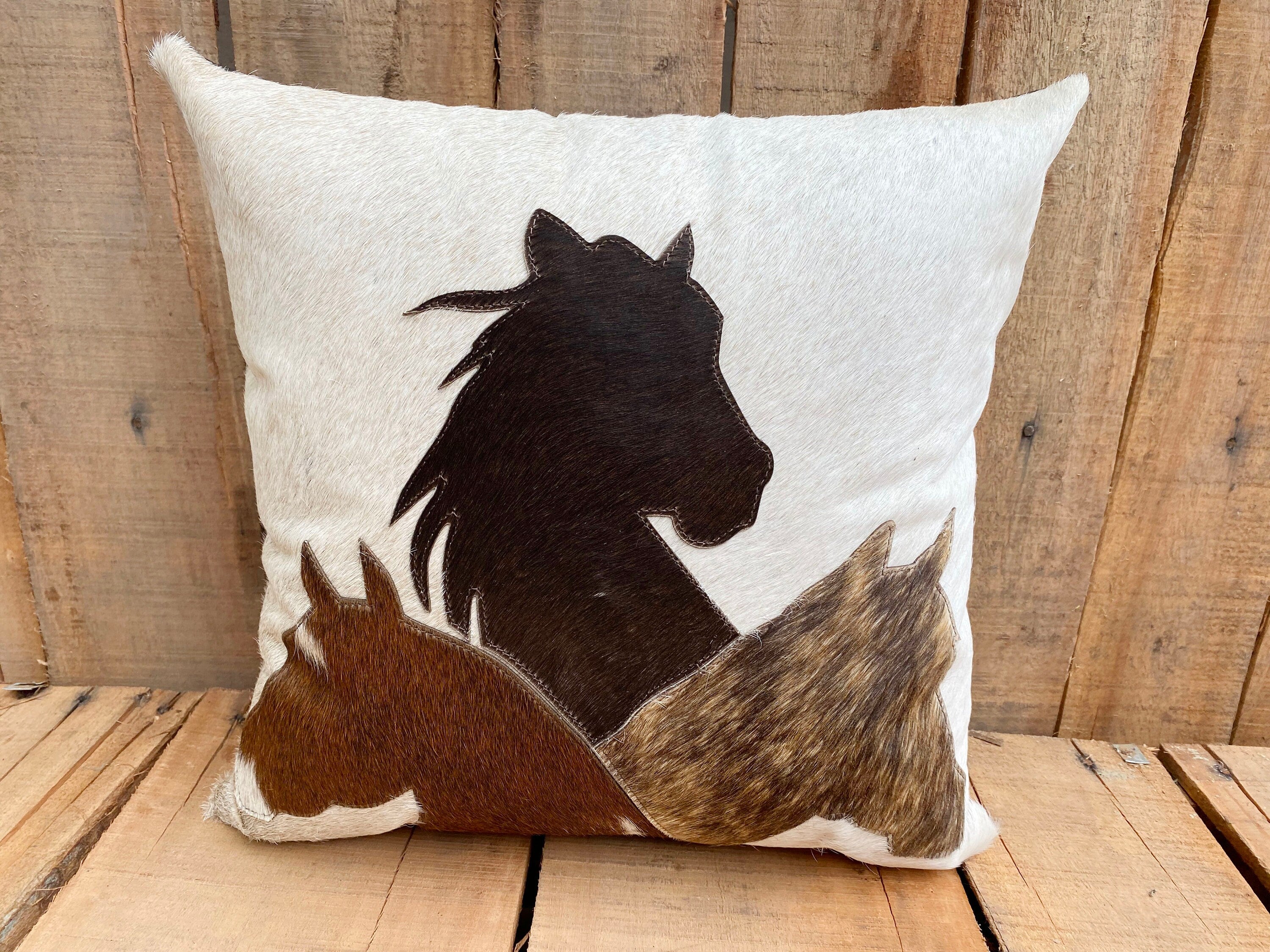 Leather pillow cover zippered couch cushion covers Leather engraved Horse family love view Patch western leather Pillow cover by Mousm
