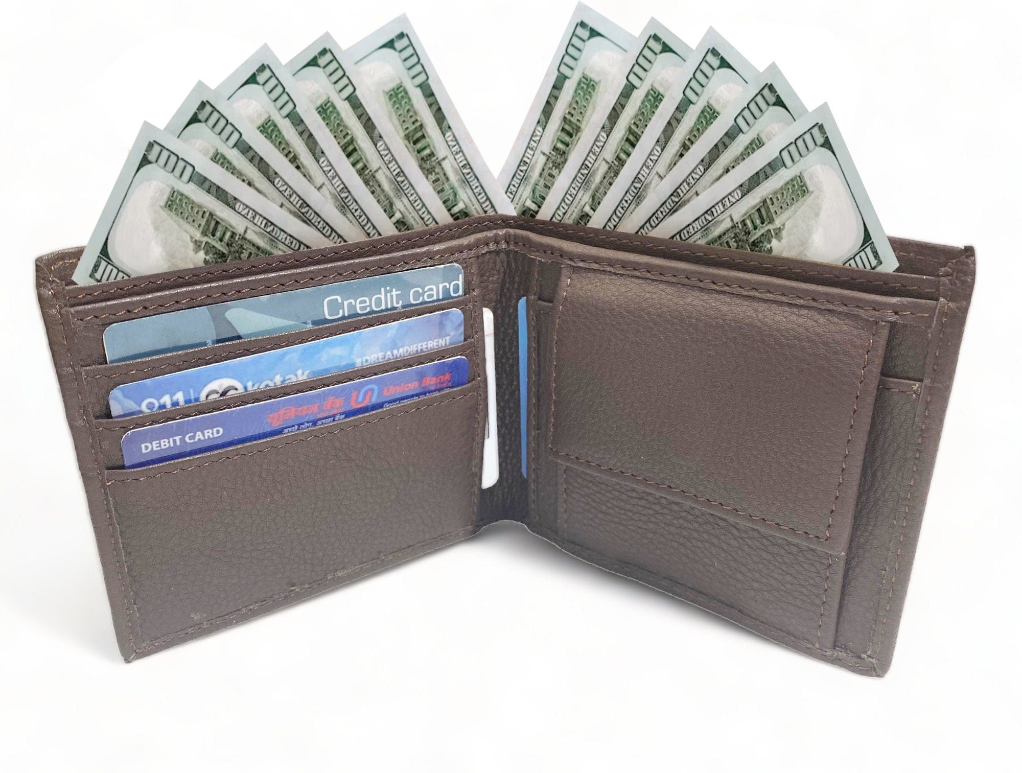 MOUSM Wallet Mens Leather Wallet for Men Pure Cow Leather wallet Plain Smooth Design leather wallet Chocolate brown wallet stitch around