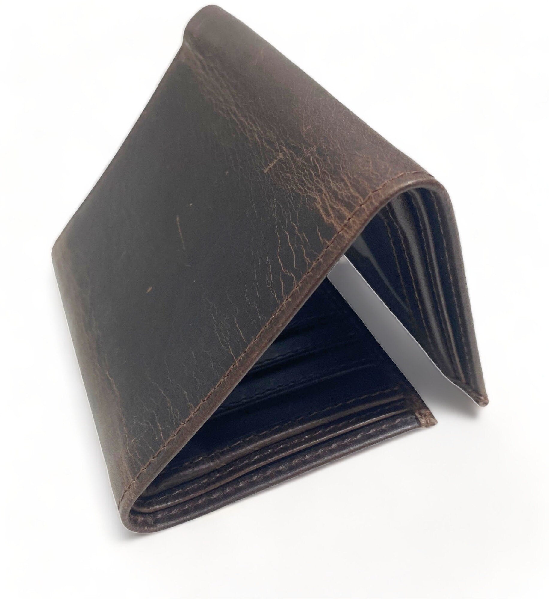 MOUSM Wallet Western Mens Leather Wallet for Men Argentina cow leather wallet Dark Brown Wax Leather wallet 3 Fold Organizer wallet