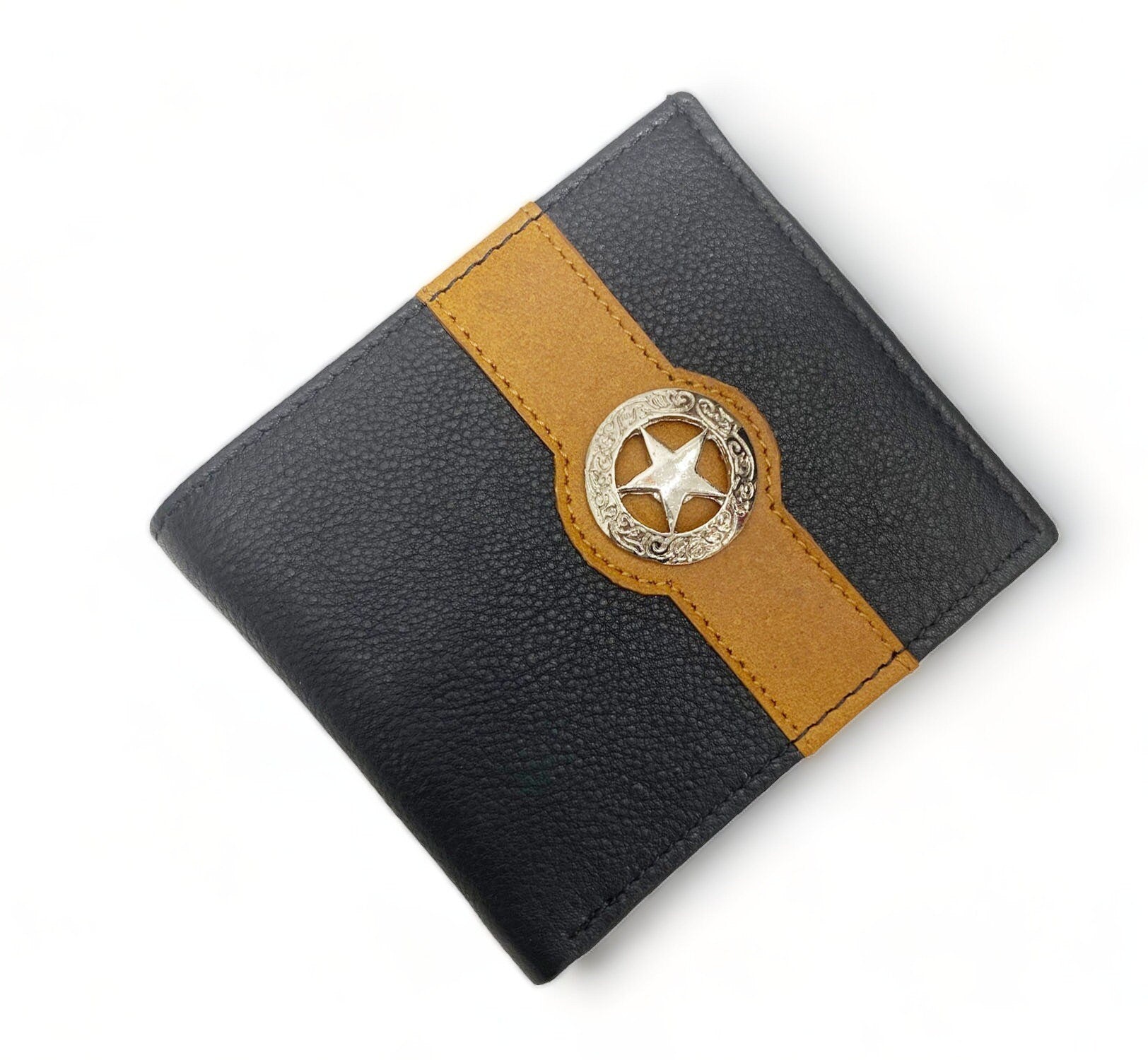 MOUSM Wallet Western Mens Leather Wallet for Men Argentina Black Cow Leather with Taxes Star concho on yellow strip wallet