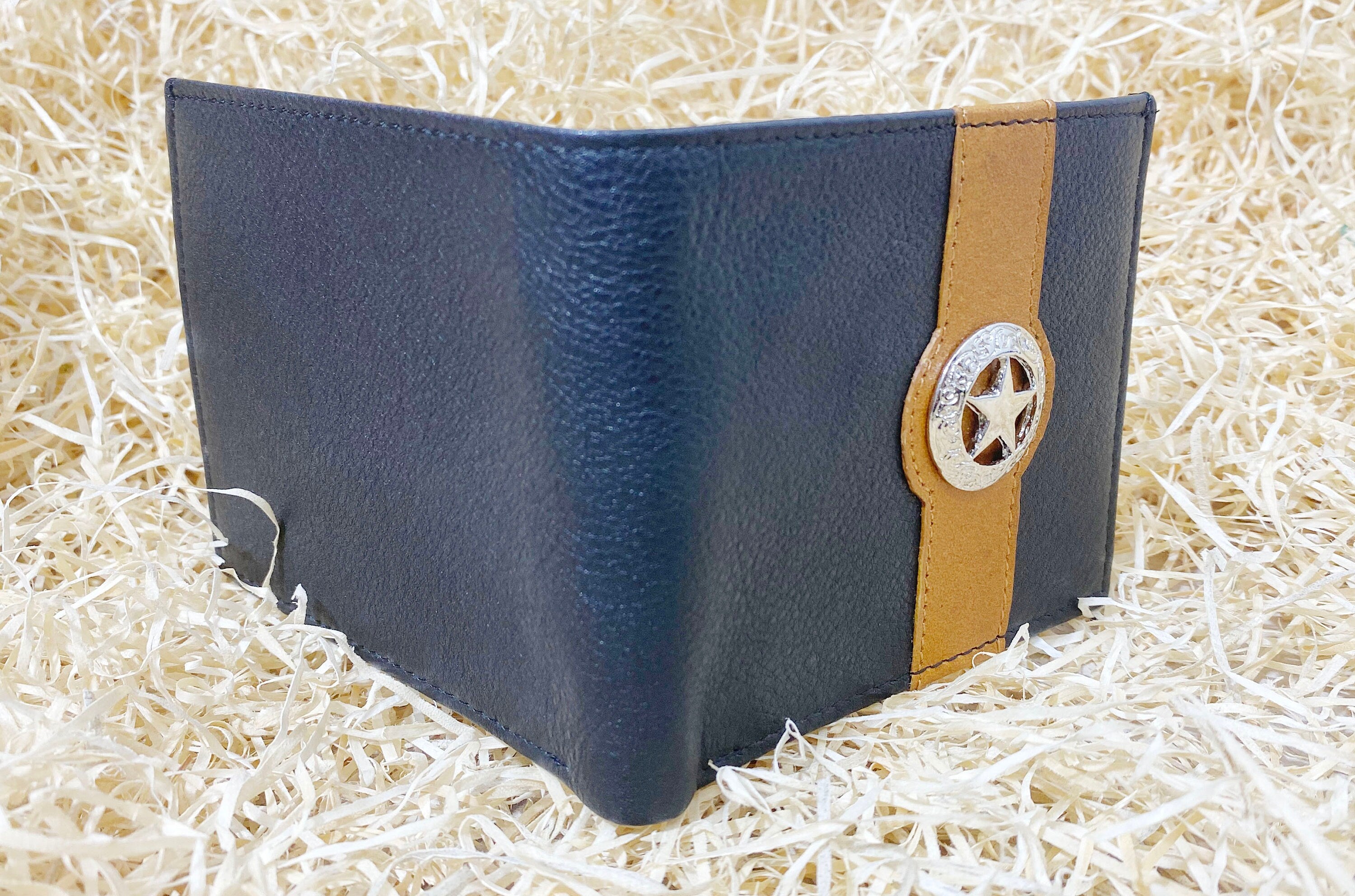 MOUSM Wallet Western Mens Leather Wallet for Men Argentina Black Cow Leather with Taxes Star concho on yellow strip wallet