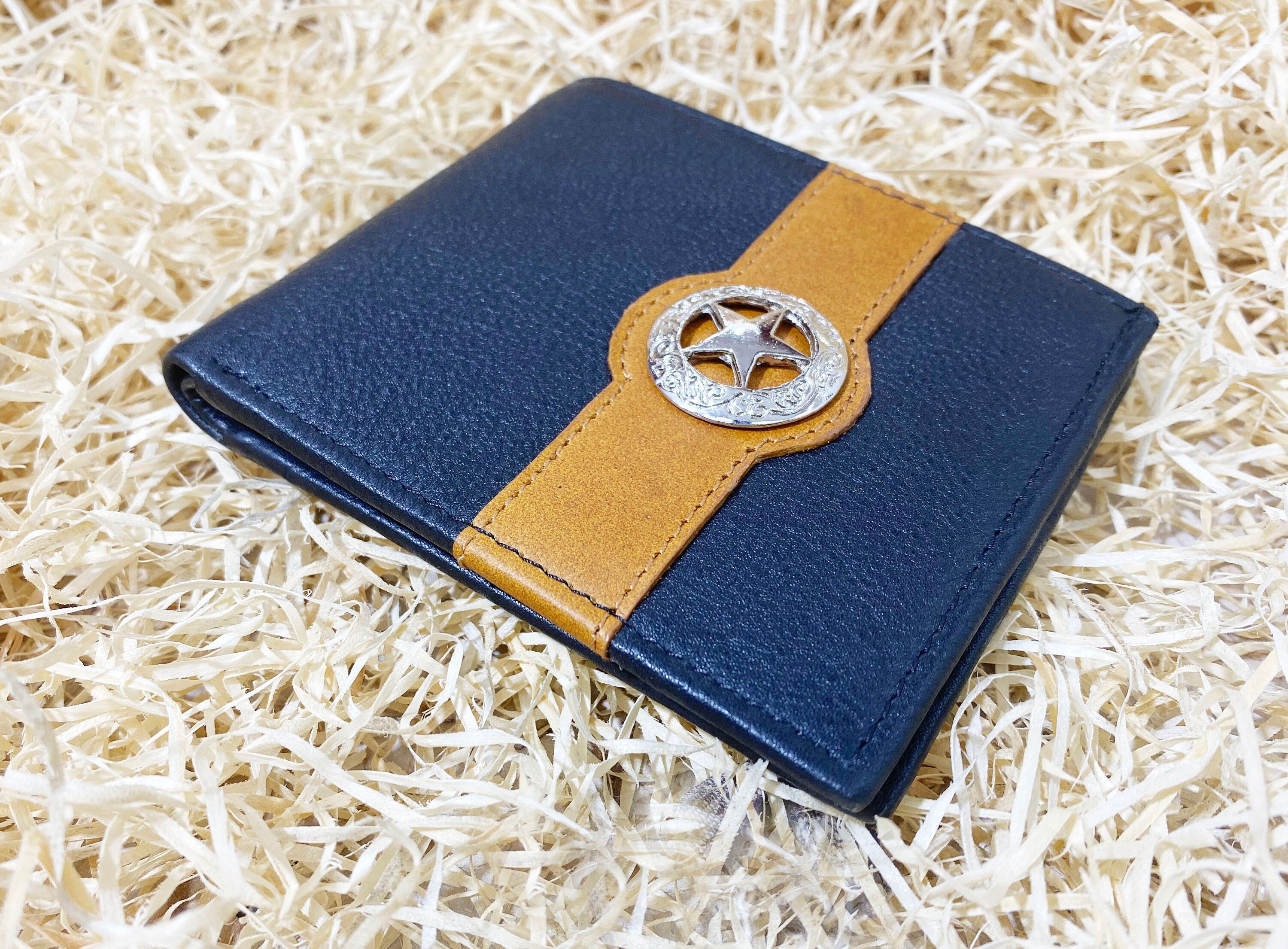 MOUSM Wallet Western Mens Leather Wallet for Men Argentina Black Cow Leather with Taxes Star concho on yellow strip wallet