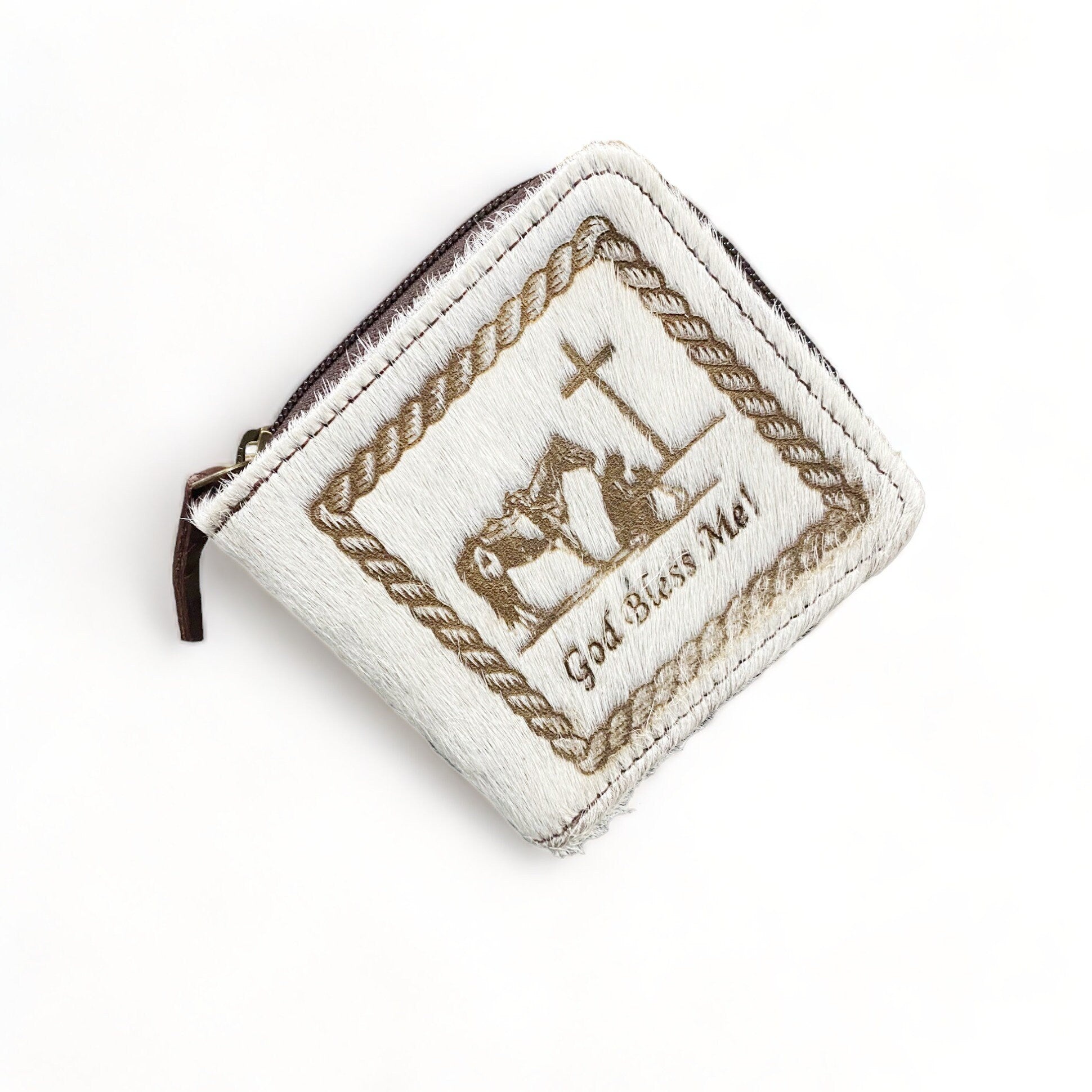 MOUSM Wallet Western Mens Leather Wallet for Men White Real Cowhide with praying cowboy engraved wallet Full zipper closer Wallet