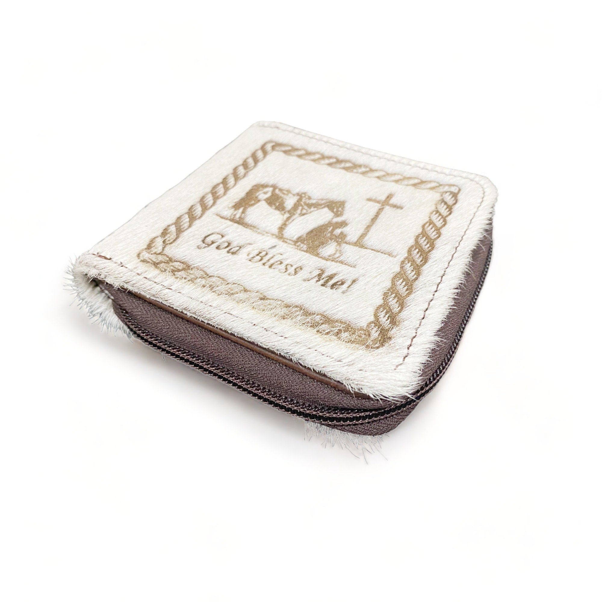 MOUSM Wallet Western Mens Leather Wallet for Men White Real Cowhide with praying cowboy engraved wallet Full zipper closer Wallet