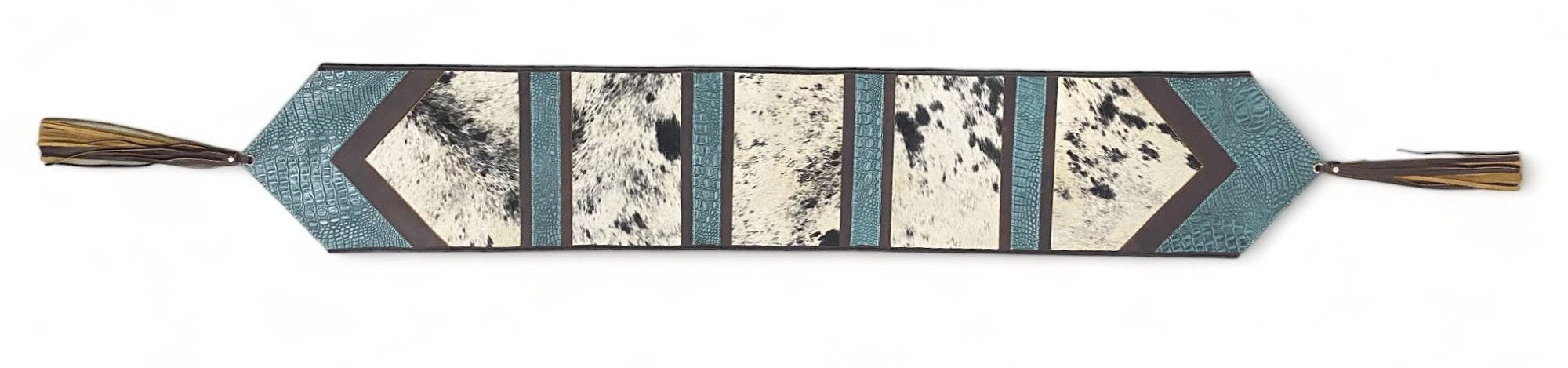 MOUSM Real Cow Hide Leather Table Runner - 72x12 Inches Decorated with Laser Cut Turquoise Engraved Leather Patched and Leather Fringes Both Side