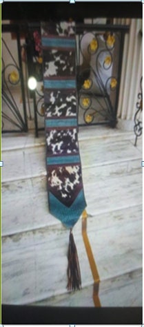 MOUSM Real Cow Hide Leather Table Runner - 72x12 Inches Decorated with Laser Cut Turquoise Engraved Leather Patched and Leather Fringes Both Side