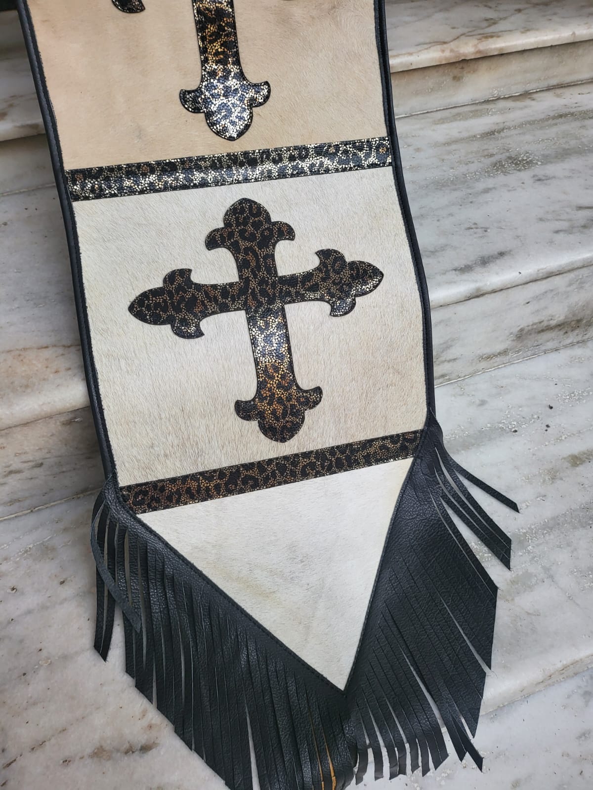 MOSUM Real Cow Hide Leather Table runner – 72x12 Inches, Table Runner Acid Wash on Cream Colour Cowhide with Crucifix on Leopard Print Patch in the Center