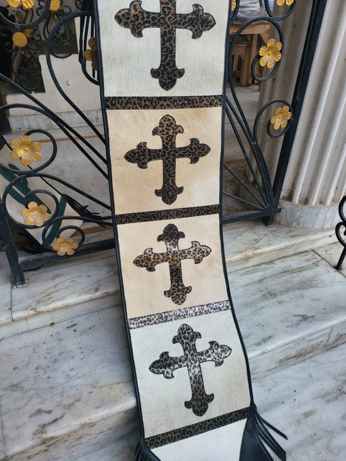 MOSUM Real Cow Hide Leather Table runner – 72x12 Inches, Table Runner Acid Wash on Cream Colour Cowhide with Crucifix on Leopard Print Patch in the Center