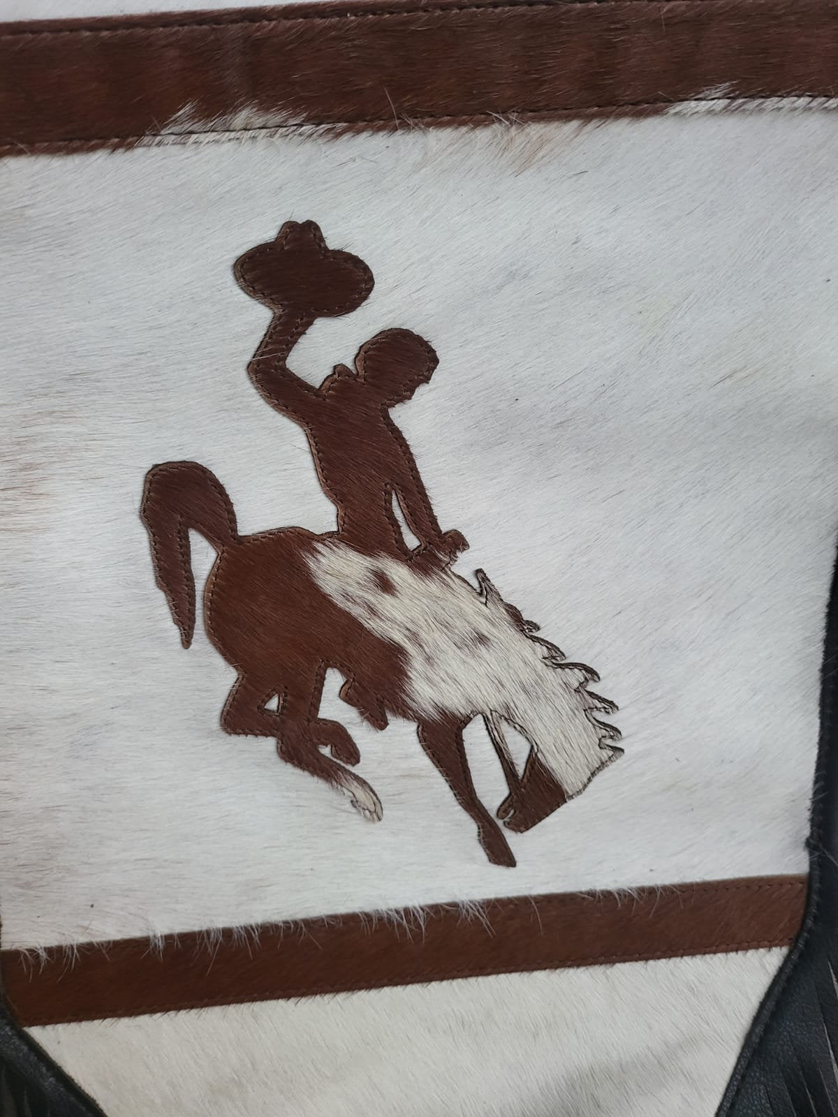 MOUSM Real Cowhide Leather Table Runner – 72x12 Inches, Decorated with Laser-Cut Riding Horse & Jockey Patch with Fringe at Corners, Perfect for Christmas Décor