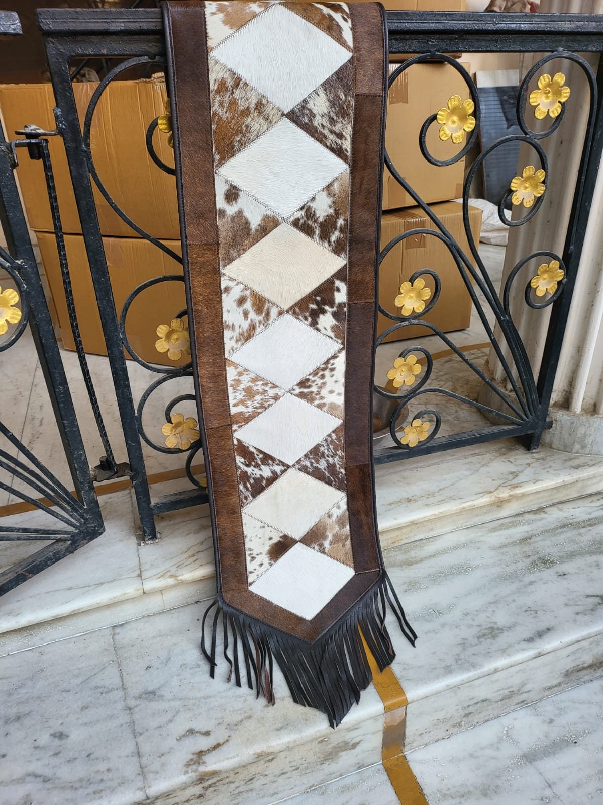 MOUSM Real Cow Hide Leather Table runner – 72x12 Inches, Table Runner on Acid Wash White Brown Cowhide Decorated with Cream Laser-Cut Patch and Black Leather Fringe on Both Sides