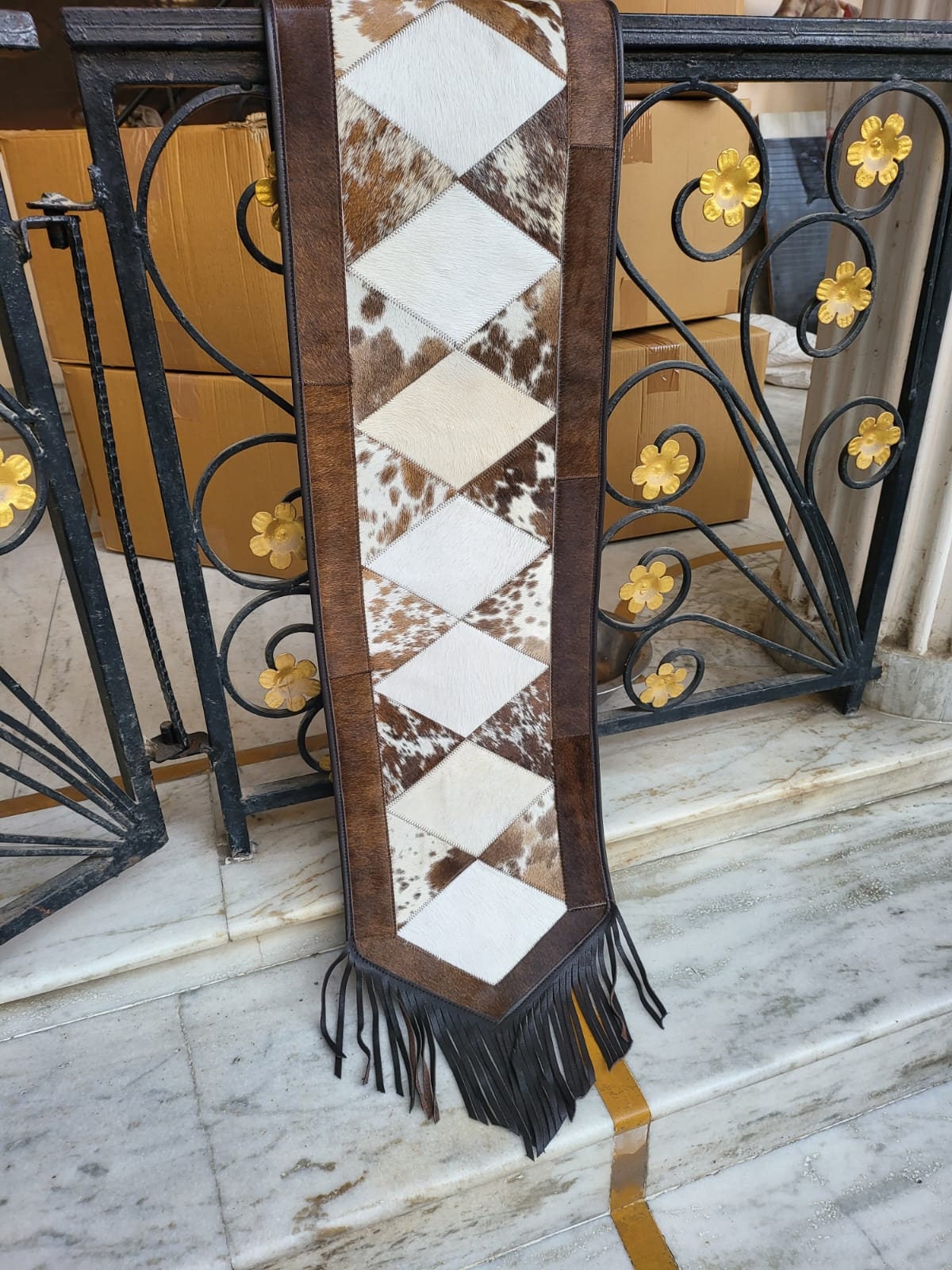 MOUSM Real Cow Hide Leather Table runner – 72x12 Inches, Table Runner on Acid Wash White Brown Cowhide Decorated with Cream Laser-Cut Patch and Black Leather Fringe on Both Sides