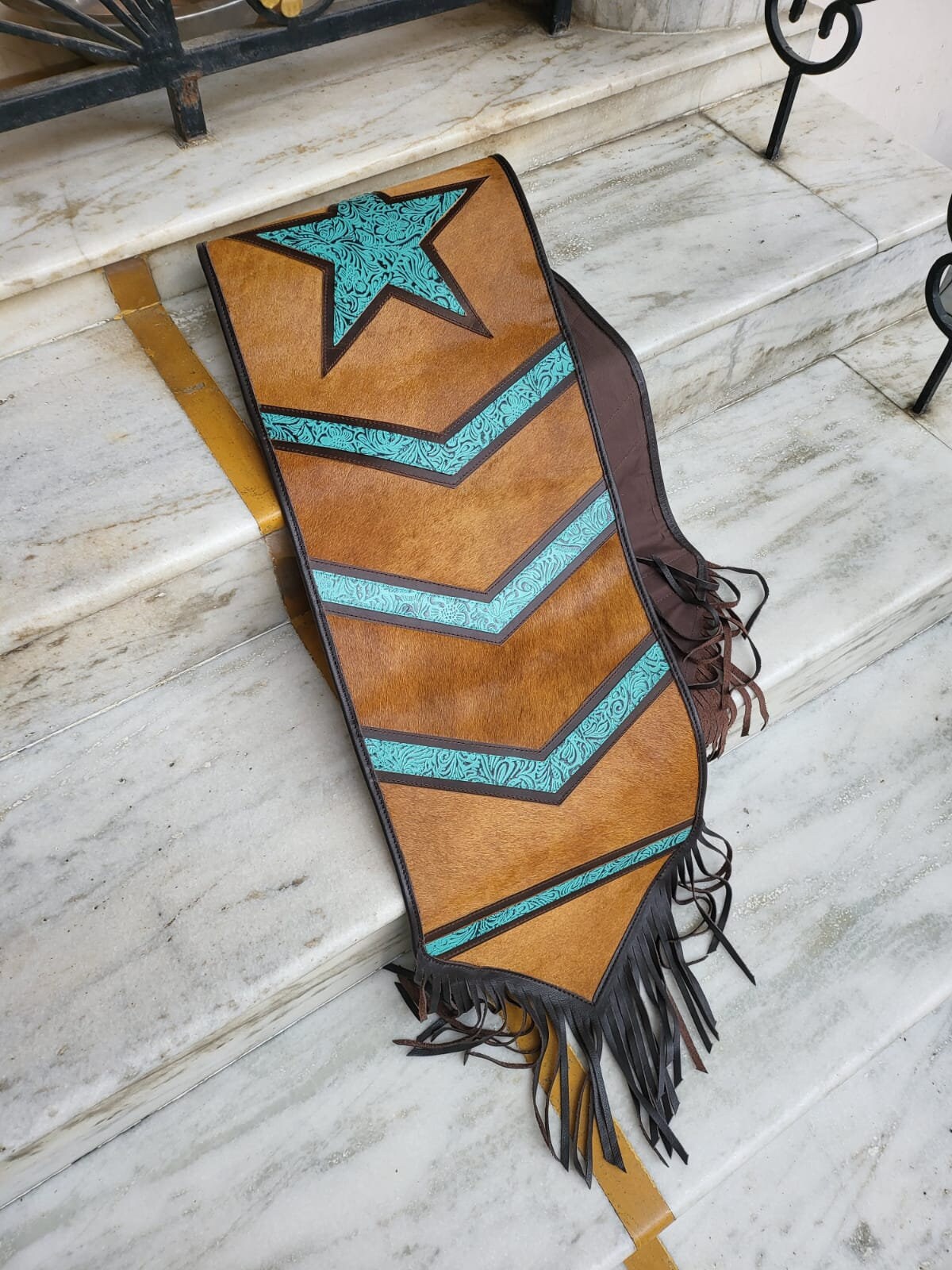 MOUSM Real Cowhide Leather Table Runner – 72x12 Inches, Hair-On Cowhide Decorated with a Stunning Turquoise Star Patch in the Center and Black Leather Fringe on Both Sides