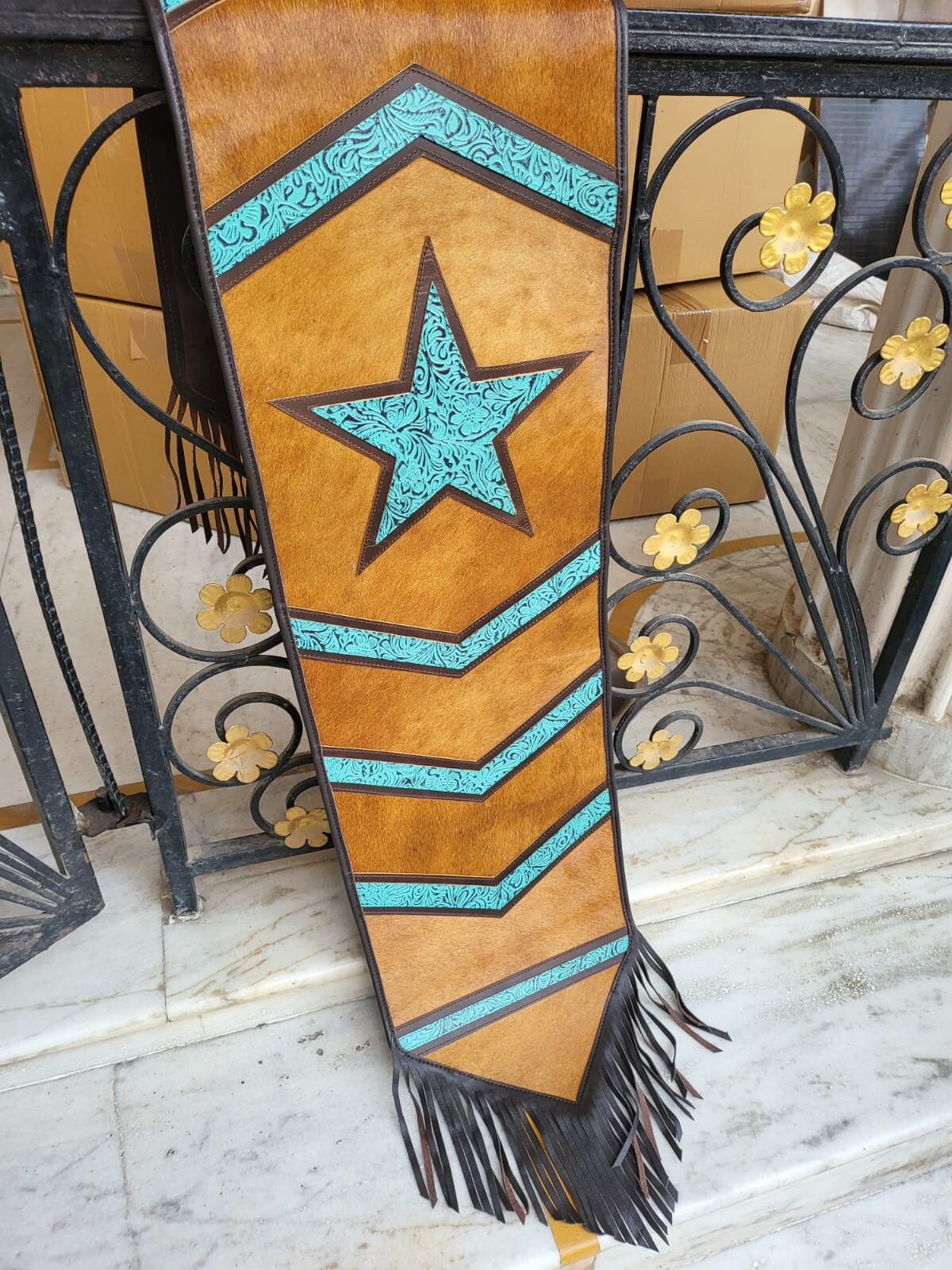 MOUSM Real Cowhide Leather Table Runner – 72x12 Inches, Hair-On Cowhide Decorated with a Stunning Turquoise Star Patch in the Center and Black Leather Fringe on Both Sides