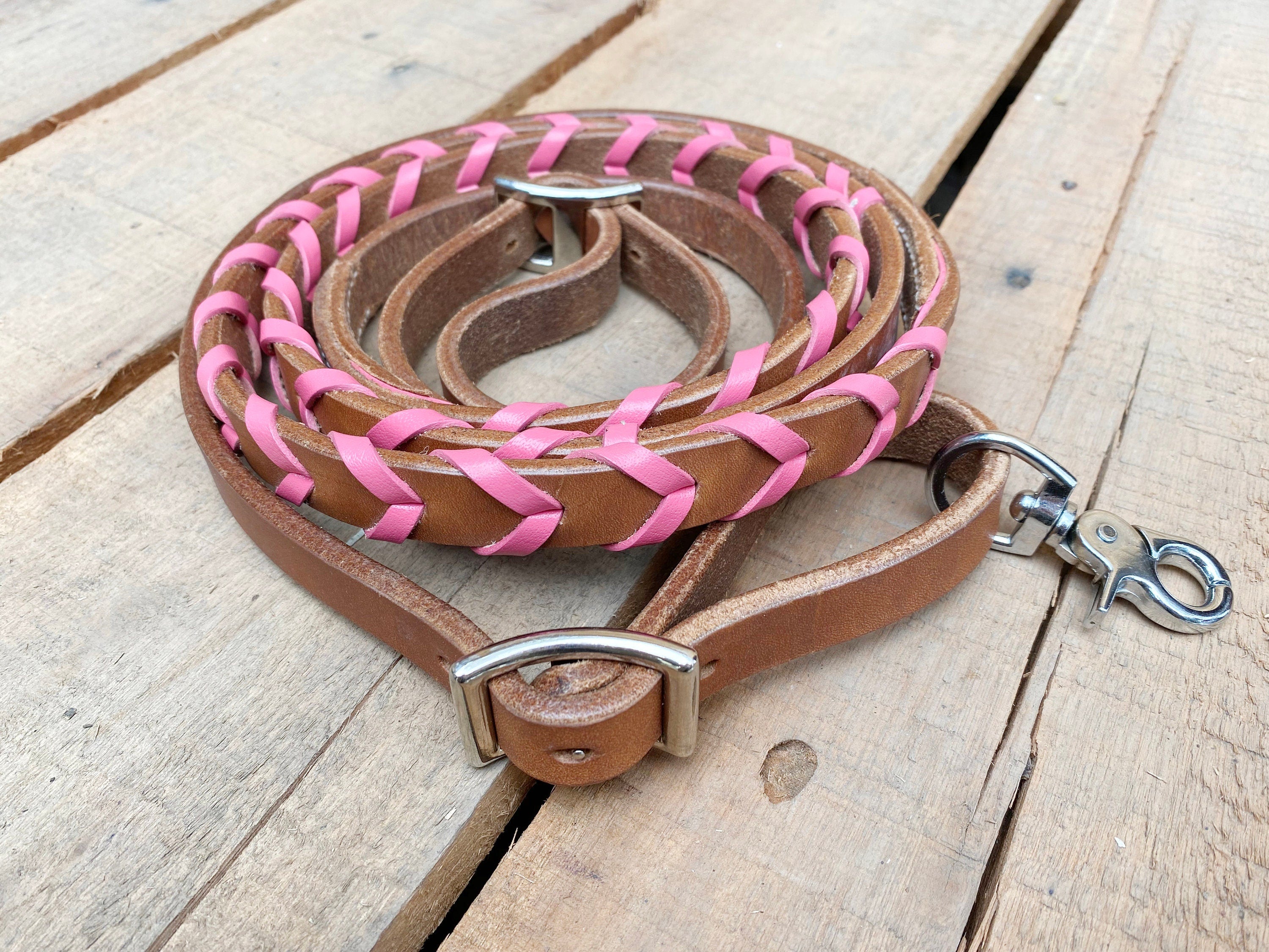 MOUSM Soft Leather Horse Reins – Western Laced Barrel Reins, 8 Feet Long & 6/8 Inches Wide – Braided Riding Reins in Various Colors for Trail Riding, Barrel Racing & Rodeo Tack