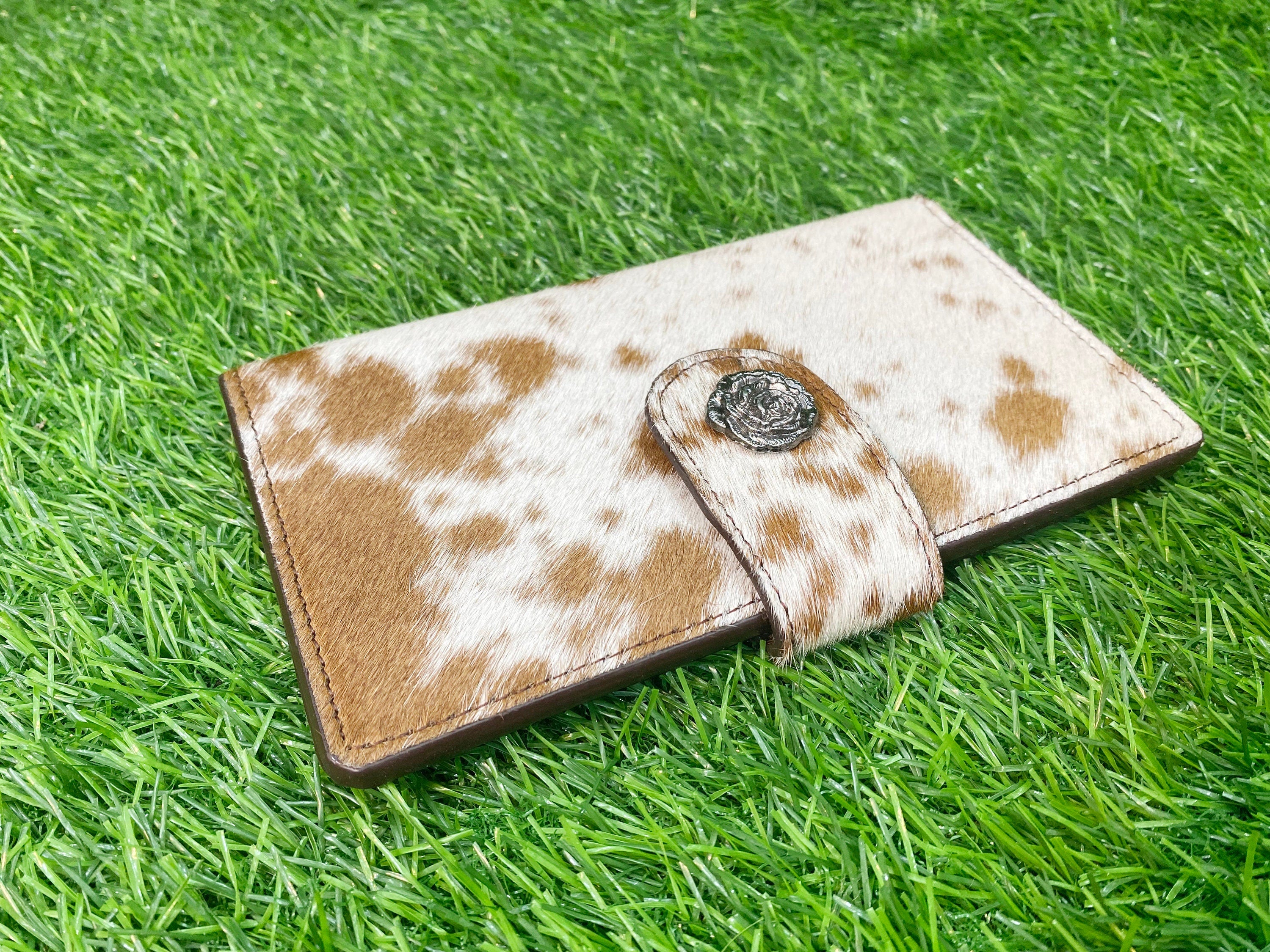 MOUSM Ladies Clutch Bag – Natural Hair-On Cowhide with Silver Rose Concho, Handmade Distressed Leather Party & Evening Wallet for Women with Magnetic Closure