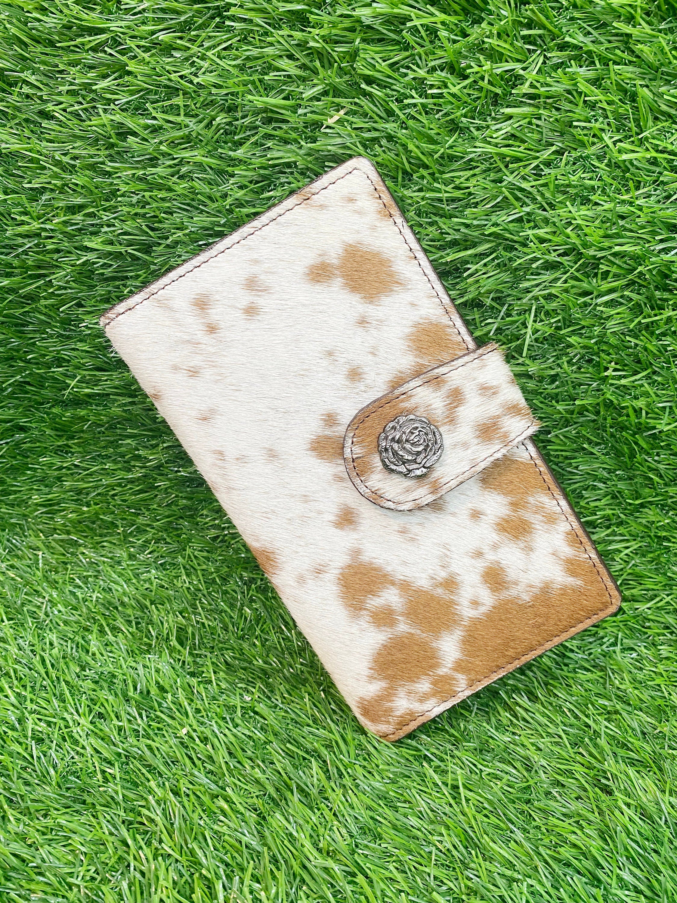 MOUSM Ladies Clutch Bag – Natural Hair-On Cowhide with Silver Rose Concho, Handmade Distressed Leather Party & Evening Wallet for Women with Magnetic Closure