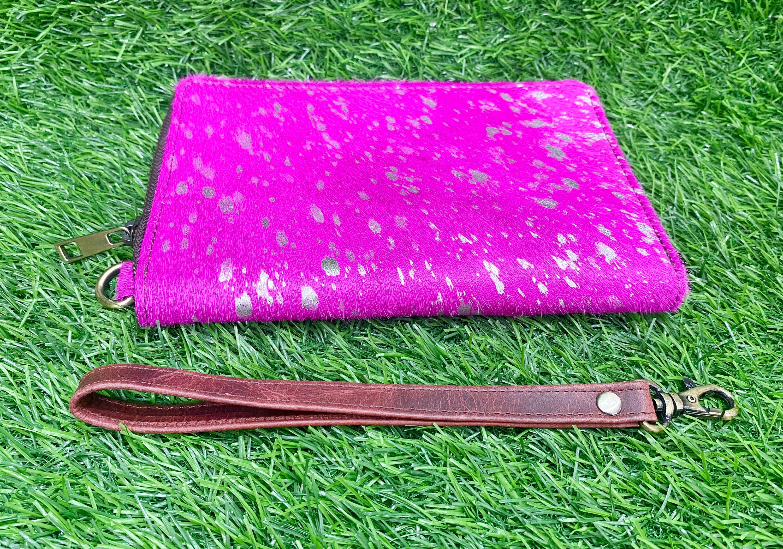 MOUSM Ladies Clutch Bag – Natural Cowhide with Pink Metallic Acid Wash, Handmade Leather Evening & Party Clutch for Women with Zipper Closure