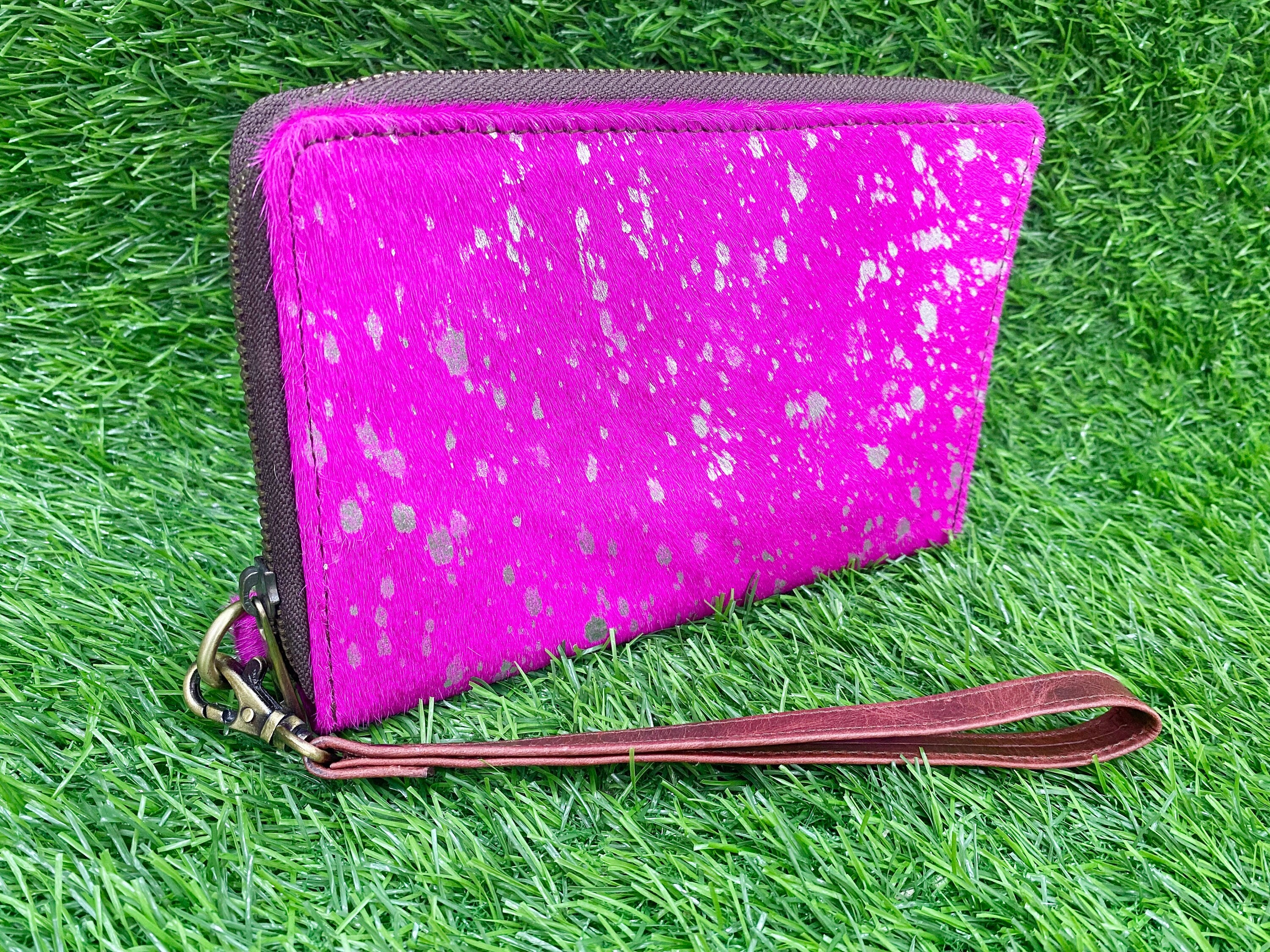 MOUSM Ladies Clutch Bag – Natural Cowhide with Pink Metallic Acid Wash, Handmade Leather Evening & Party Clutch for Women with Zipper Closure