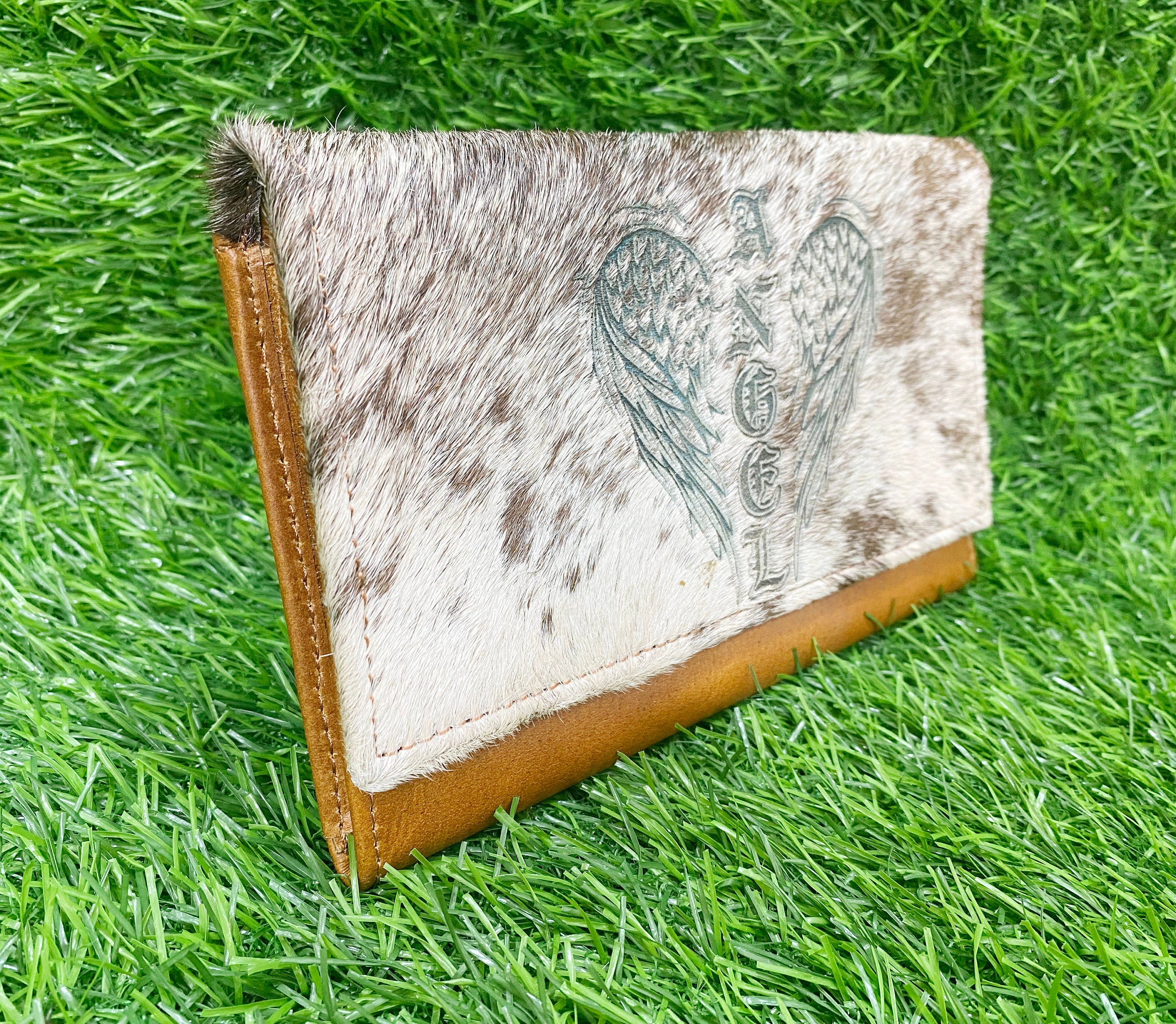 MOUSM Ladies Clutch Bag – Natural Hair-On Cowhide with Heat-Pressed Angel Wings Engraving, Distressed Leather Evening & Party Clutch for Women with Magnet Closure