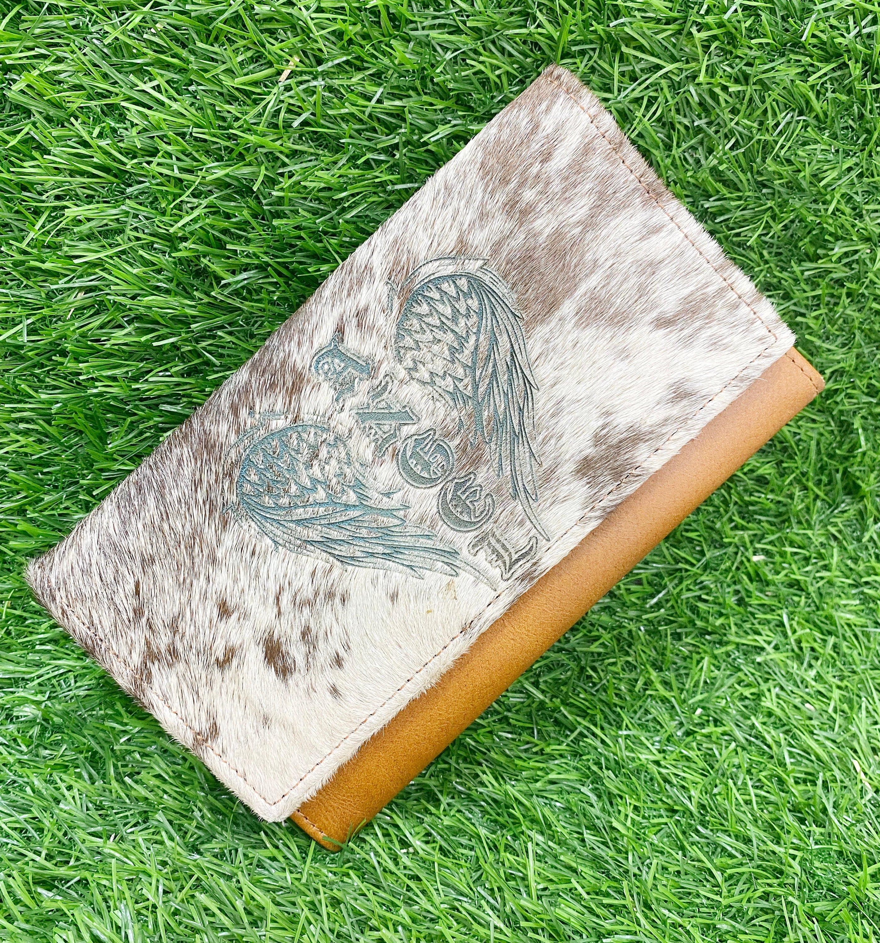 MOUSM Ladies Clutch Bag – Natural Hair-On Cowhide with Heat-Pressed Angel Wings Engraving, Distressed Leather Evening & Party Clutch for Women with Magnet Closure