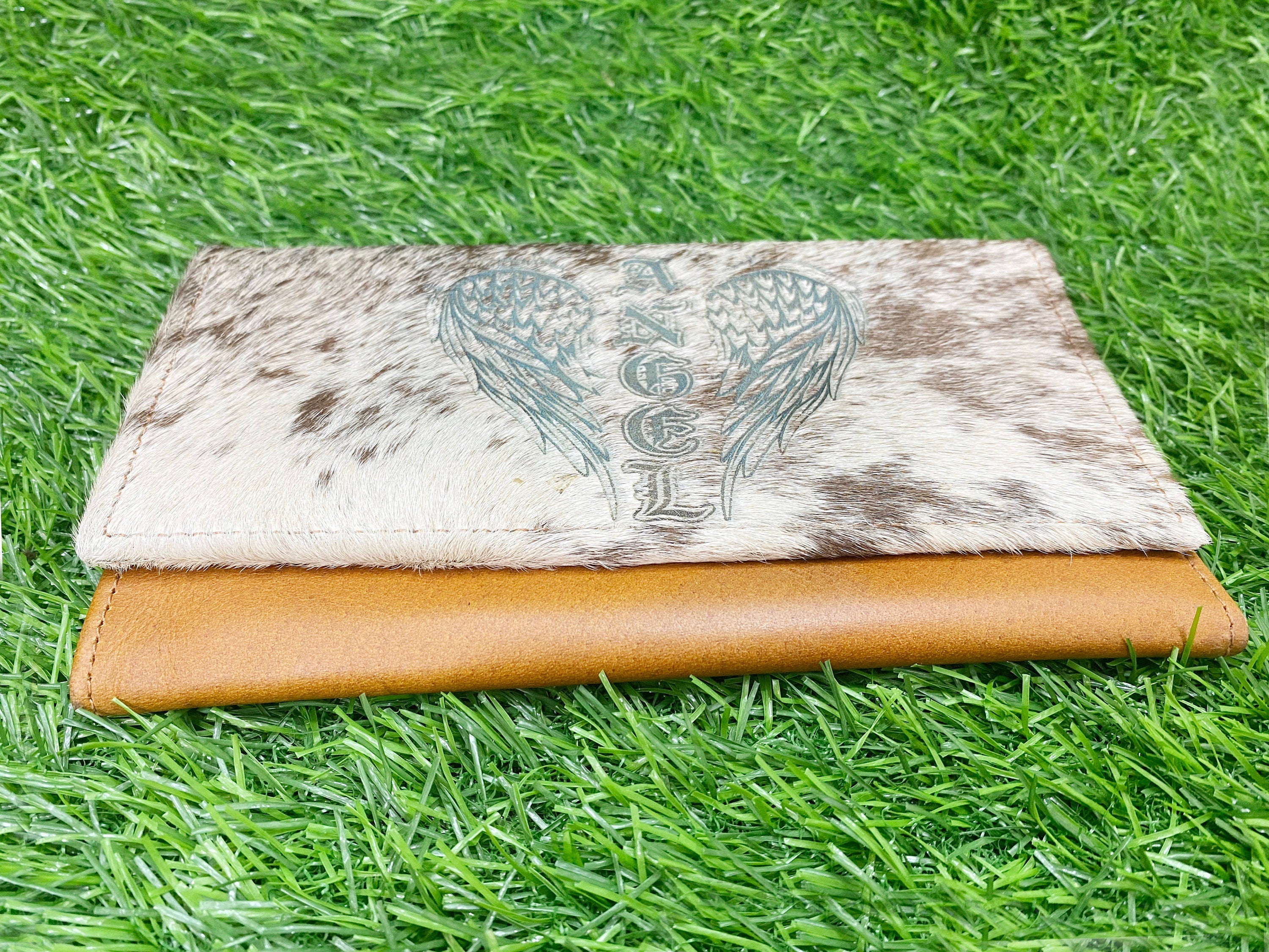MOUSM Ladies Clutch Bag – Natural Hair-On Cowhide with Heat-Pressed Angel Wings Engraving, Distressed Leather Evening & Party Clutch for Women with Magnet Closure