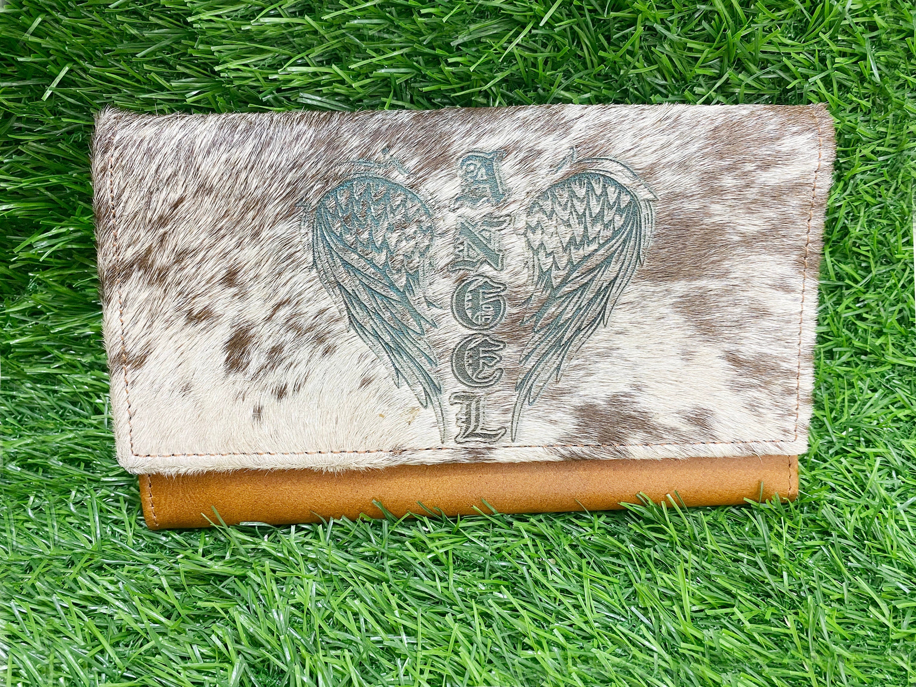 MOUSM Ladies Clutch Bag – Natural Hair-On Cowhide with Heat-Pressed Angel Wings Engraving, Distressed Leather Evening & Party Clutch for Women with Magnet Closure