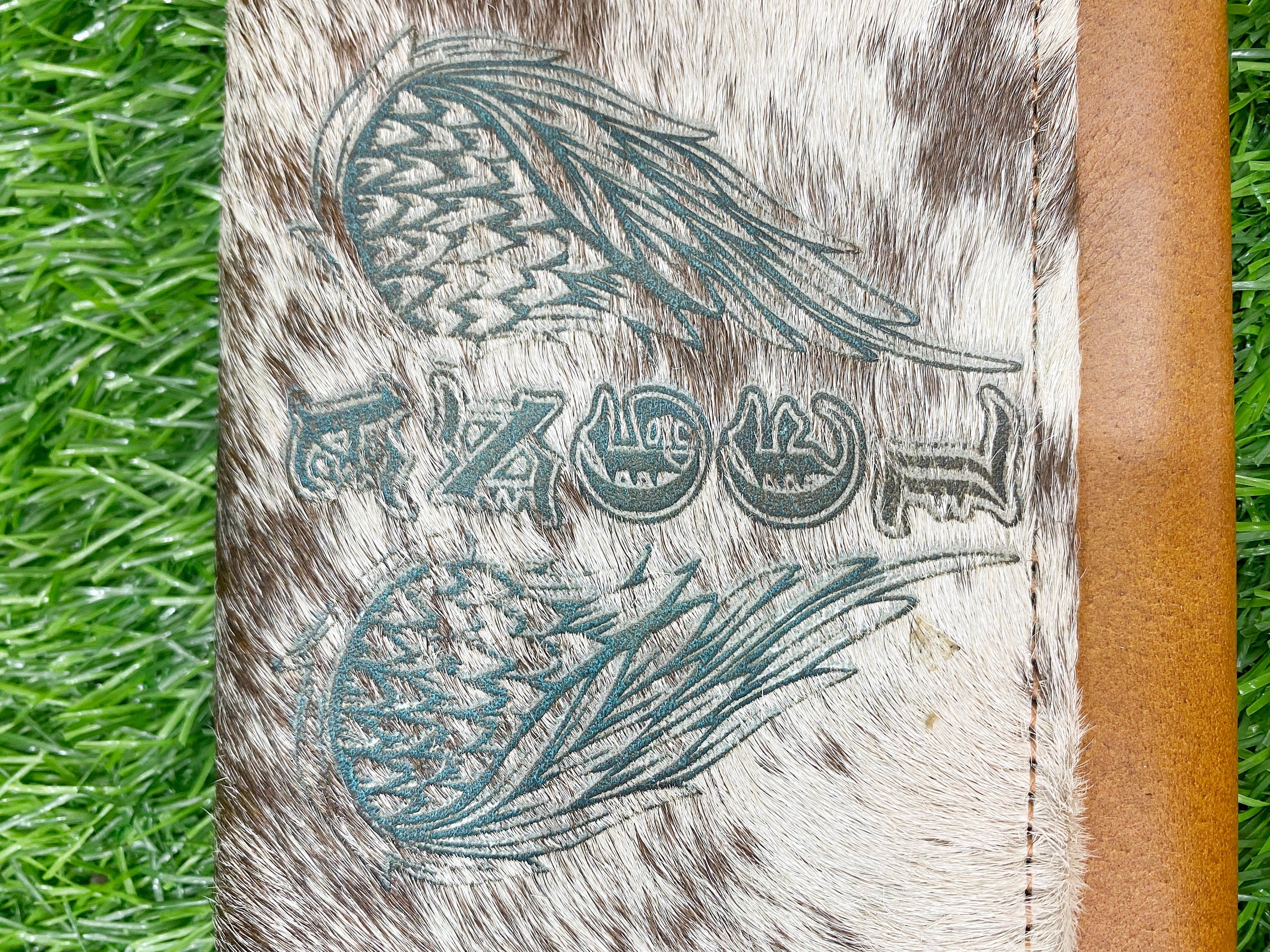 MOUSM Ladies Clutch Bag – Natural Hair-On Cowhide with Heat-Pressed Angel Wings Engraving, Distressed Leather Evening & Party Clutch for Women with Magnet Closure