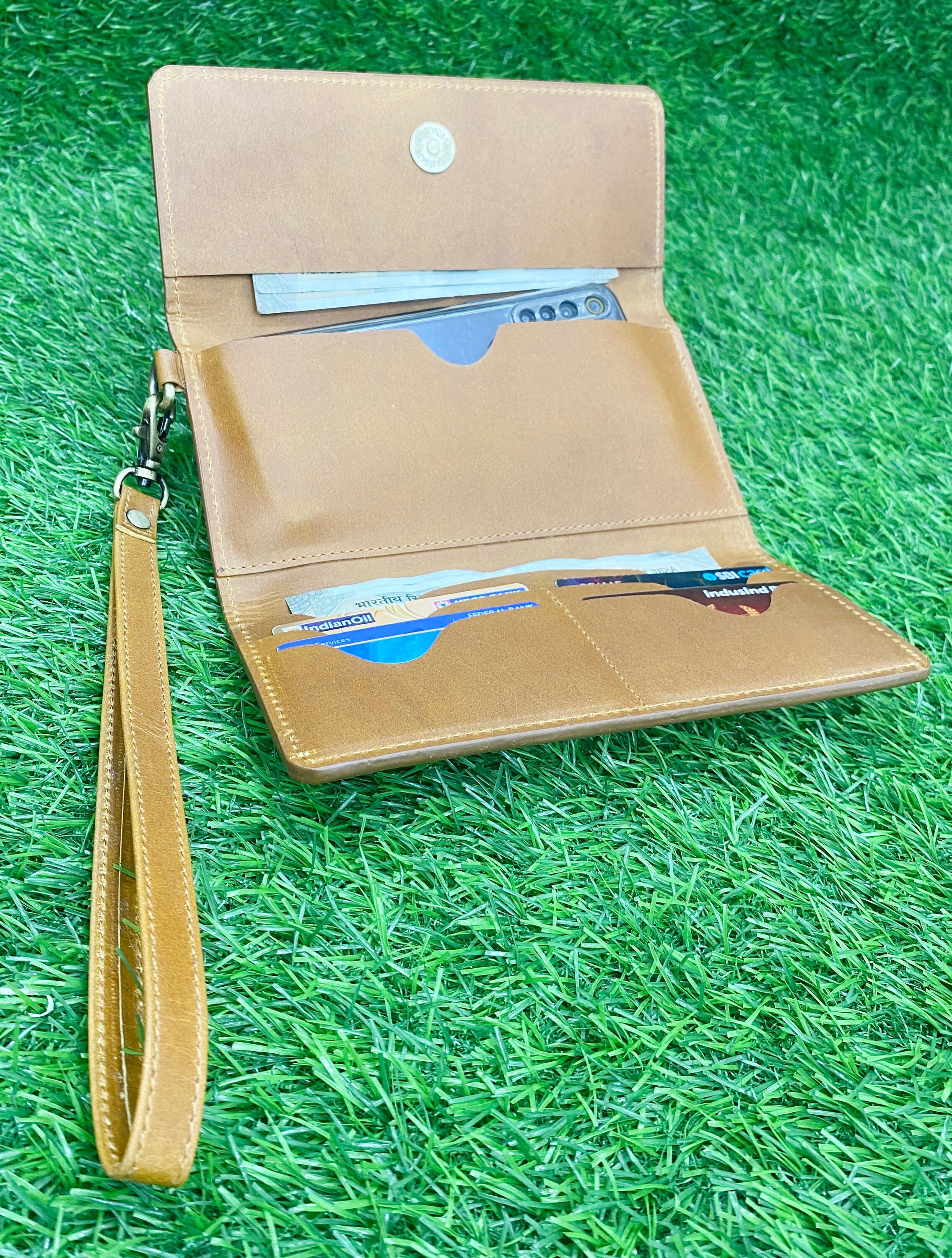 MOUSM Ladies Clutch Bag – Natural Printed Hair-On Cowhide, Triple-Fold Handmade Distressed Leather Evening & Party Clutch for Women with Wrist Strap and Magnetic Closure