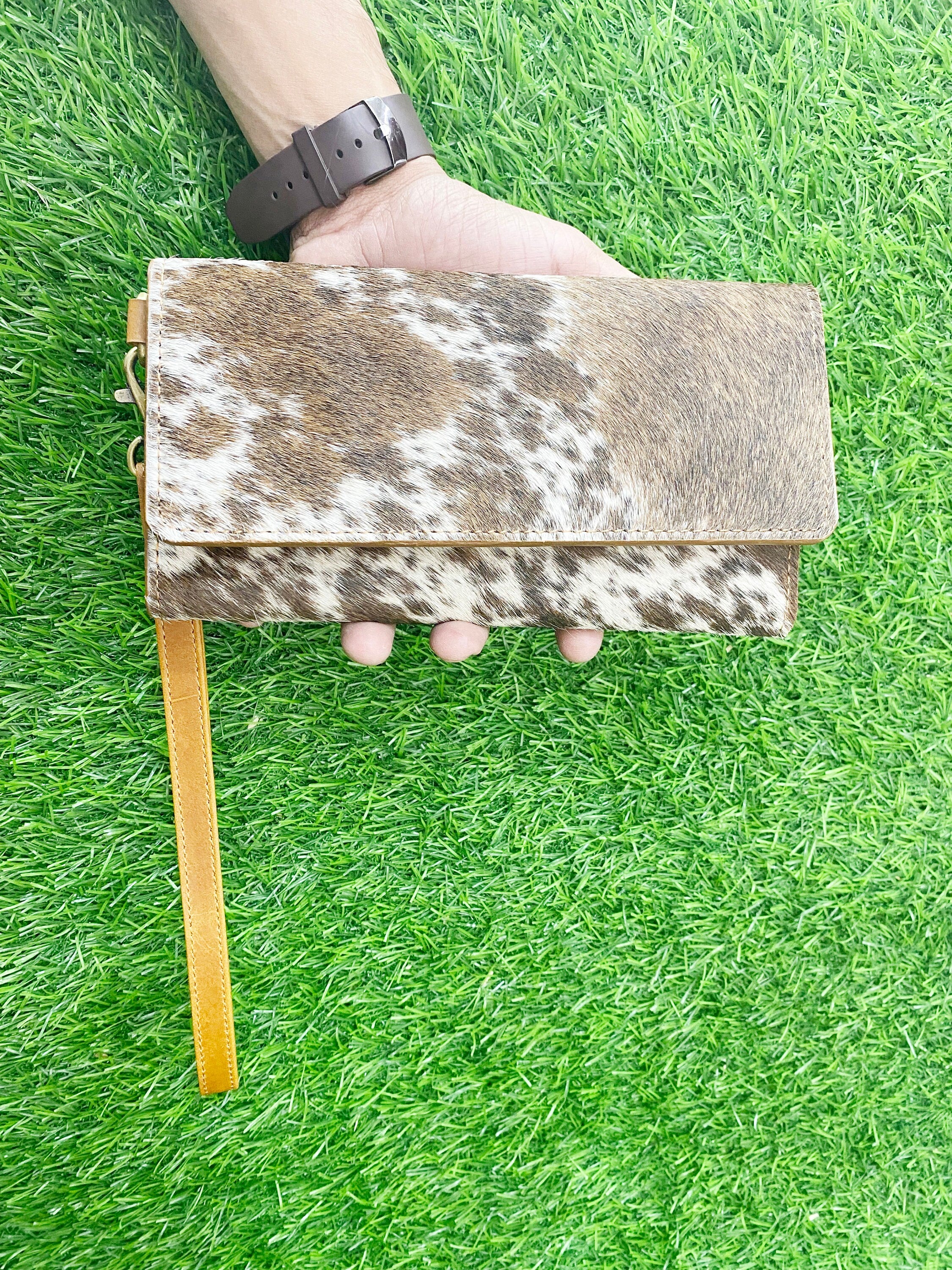 MOUSM Ladies Clutch Bag – Natural Printed Hair-On Cowhide, Triple-Fold Handmade Distressed Leather Evening & Party Clutch for Women with Wrist Strap and Magnetic Closure