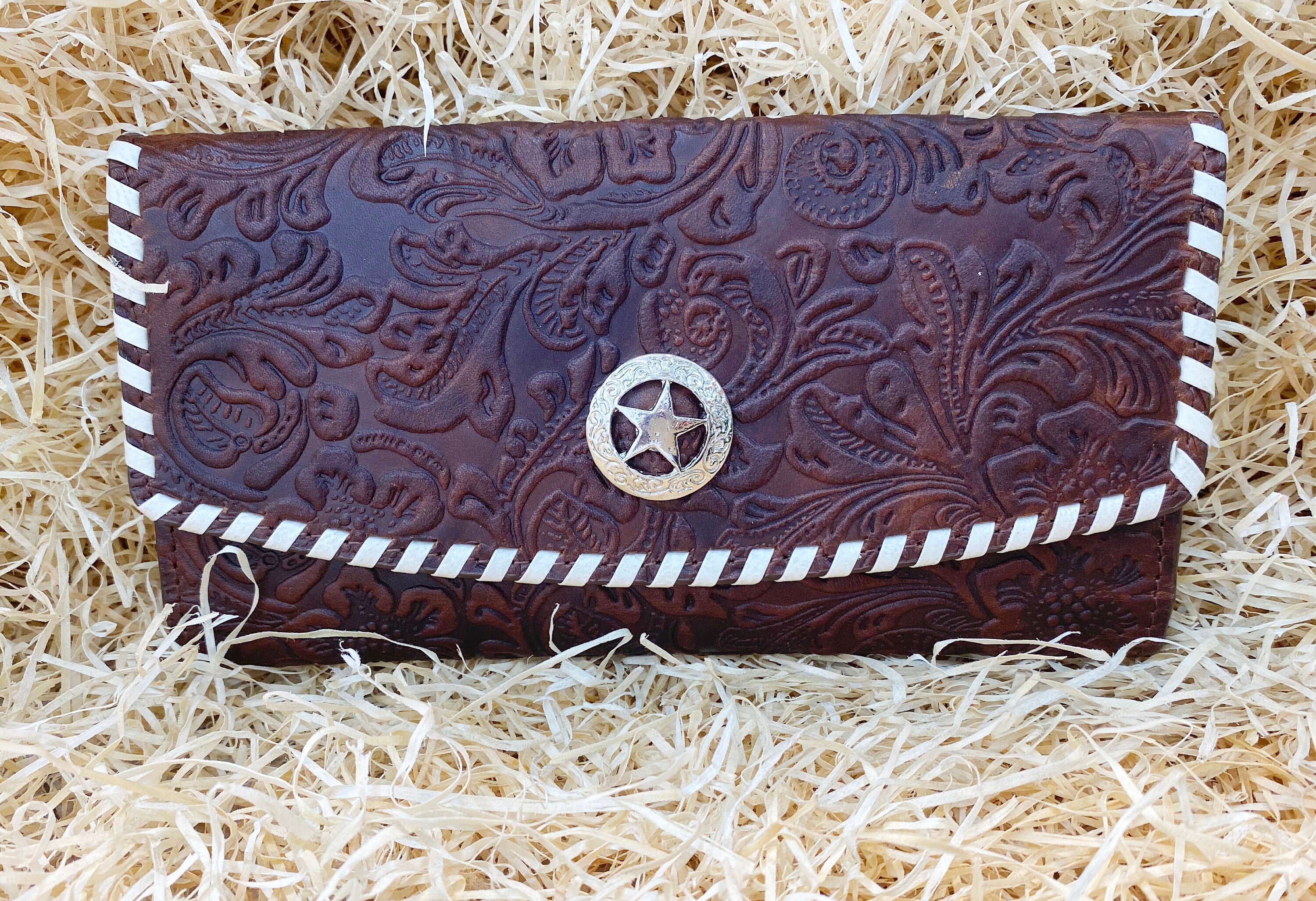 ladies clutch bag with flower embossed leather rawhide brading Texas star concho Ladies&