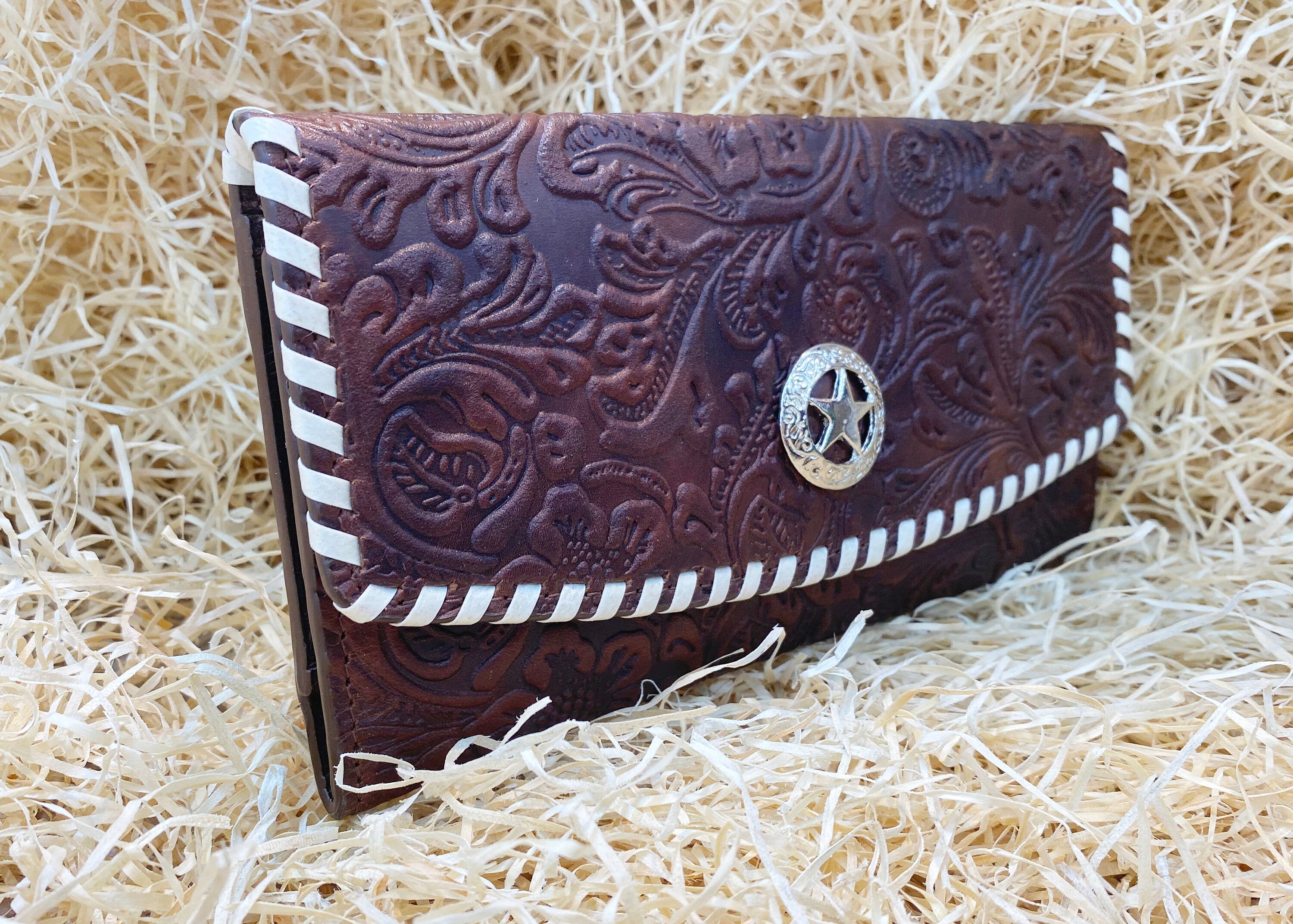 ladies clutch bag with flower embossed leather rawhide brading Texas star concho Ladies&