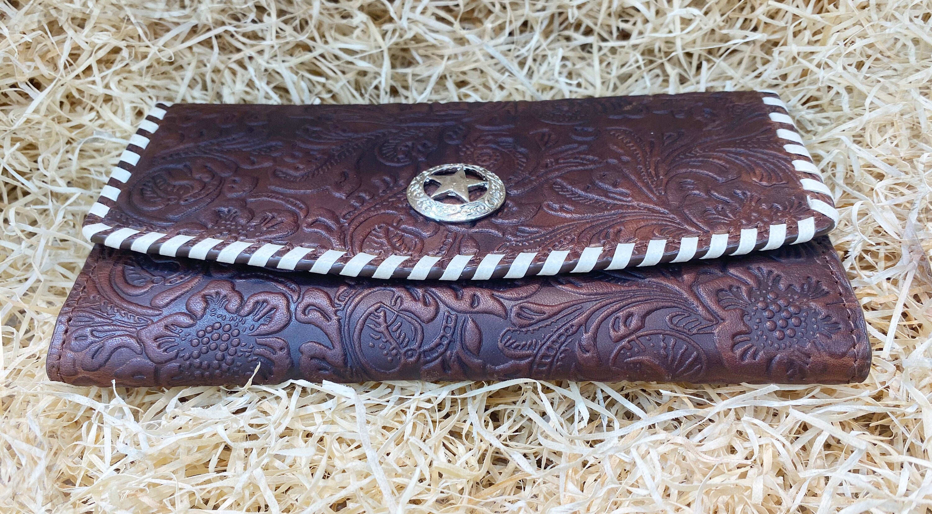 ladies clutch bag with flower embossed leather rawhide brading Texas star concho Ladies&