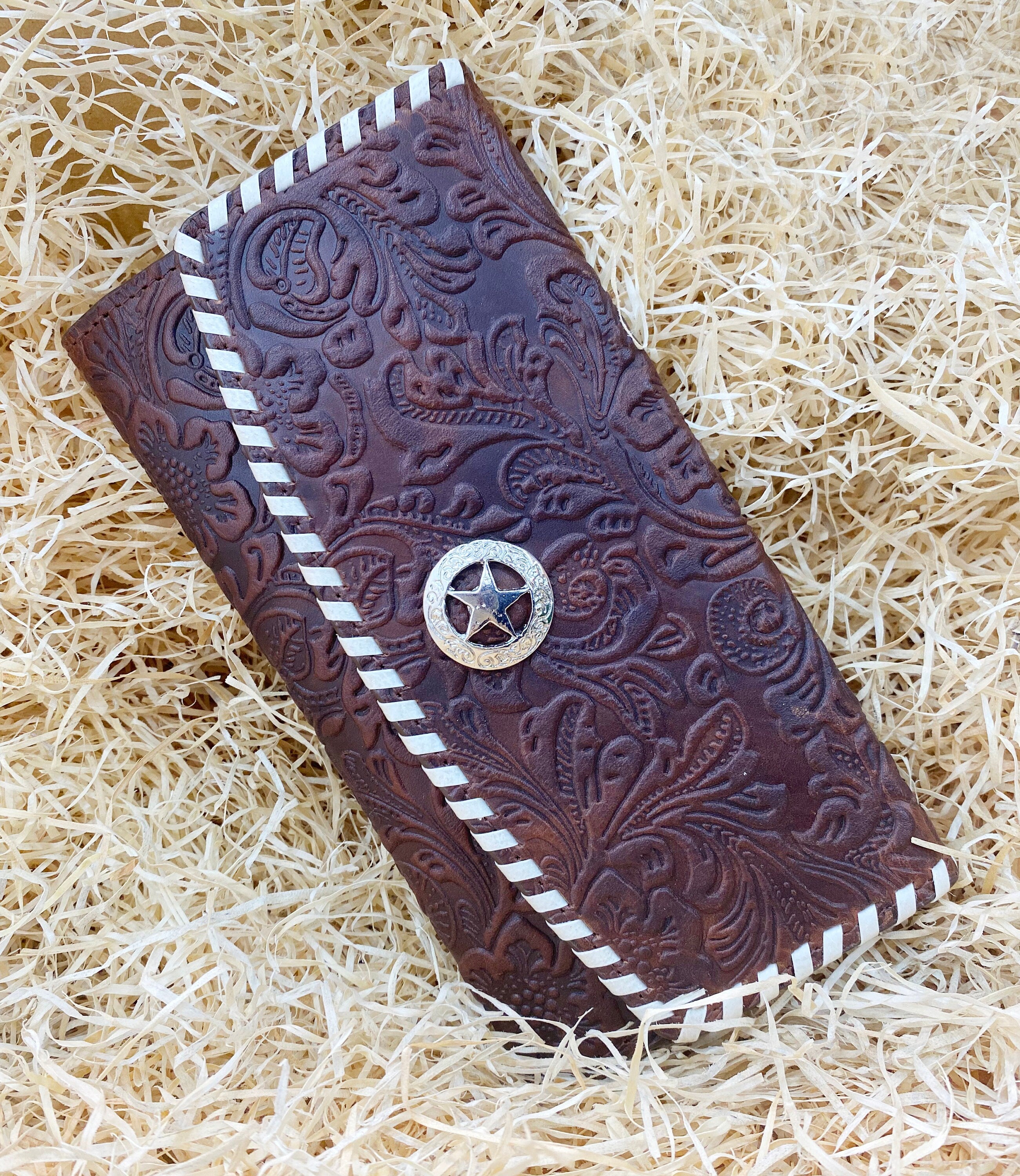 ladies clutch bag with flower embossed leather rawhide brading Texas star concho Ladies&