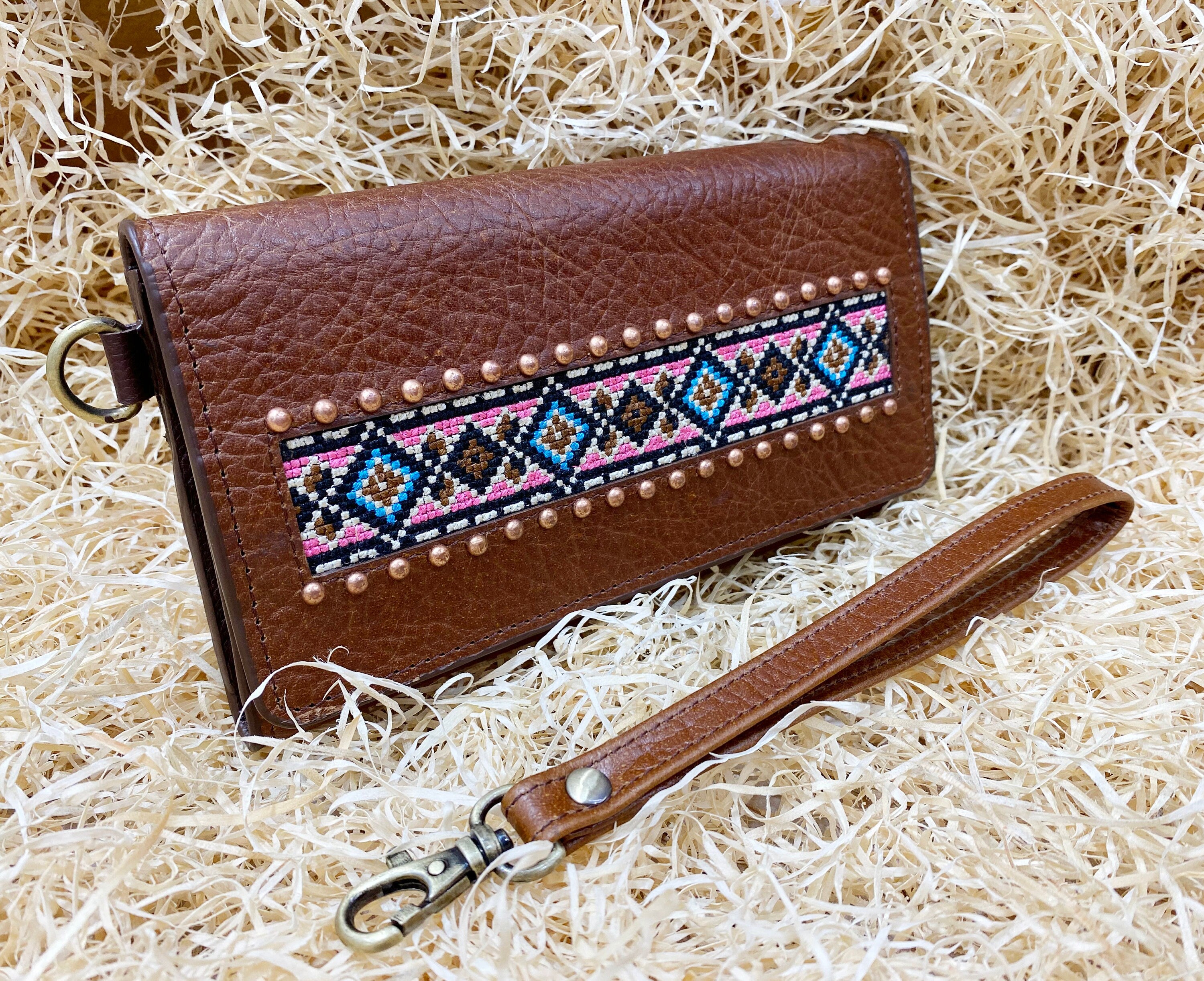 ladies clutch bag comes with Aztec embroidery overlay with copper studs Western leather clutch bag Evening clutch bag Party clutch bag MOUSM