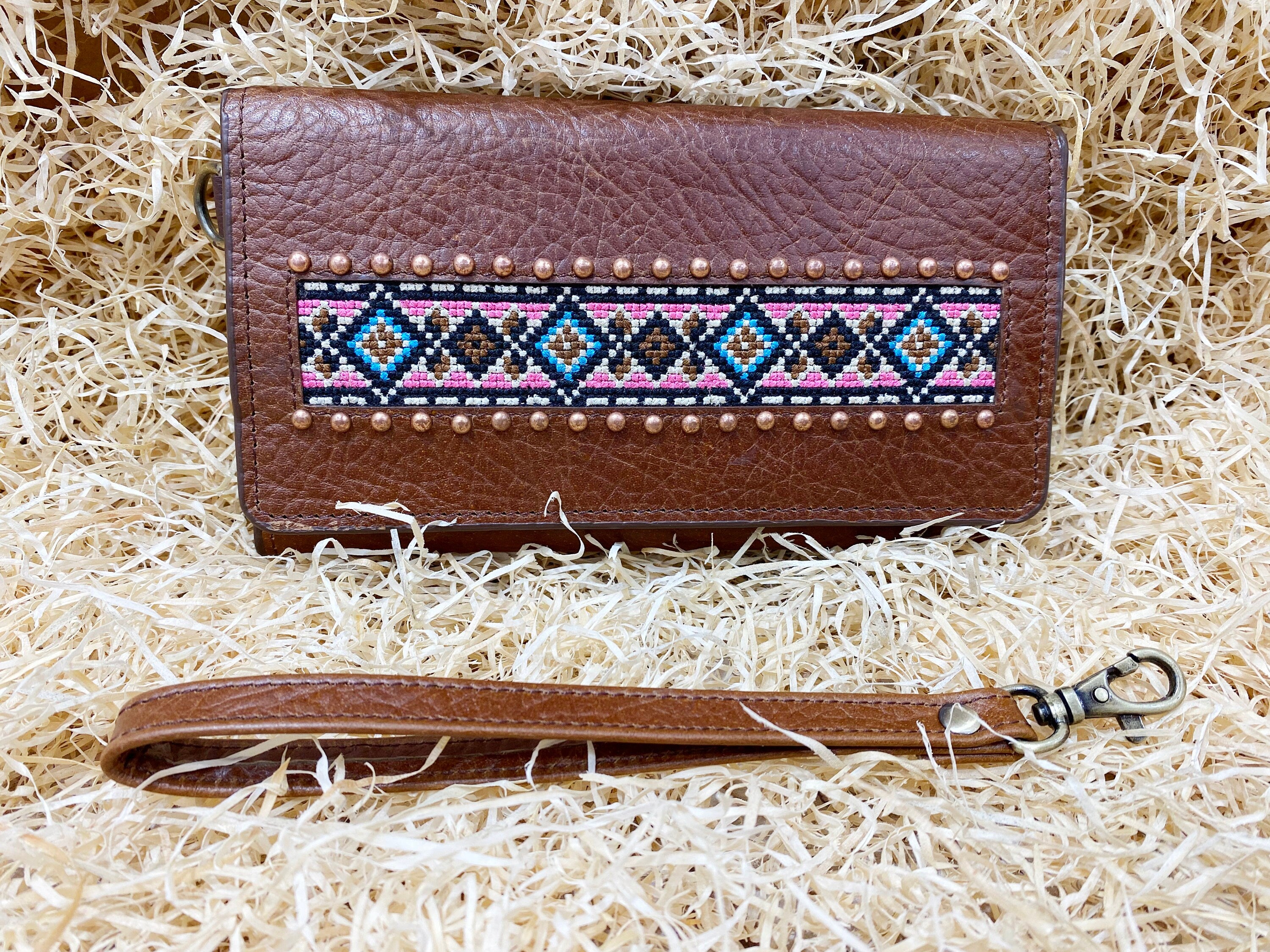 ladies clutch bag comes with Aztec embroidery overlay with copper studs Western leather clutch bag Evening clutch bag Party clutch bag MOUSM