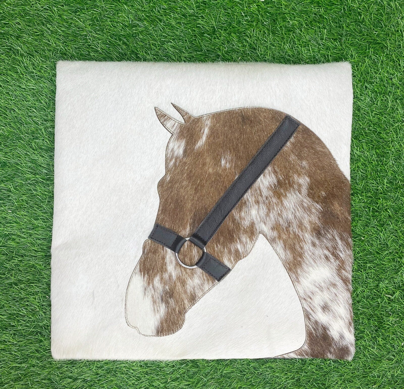 Leather pillow cover 18"X18" engraved horse face with Real leather head. Leather cushion covers sets for Christmas decor by Mousm