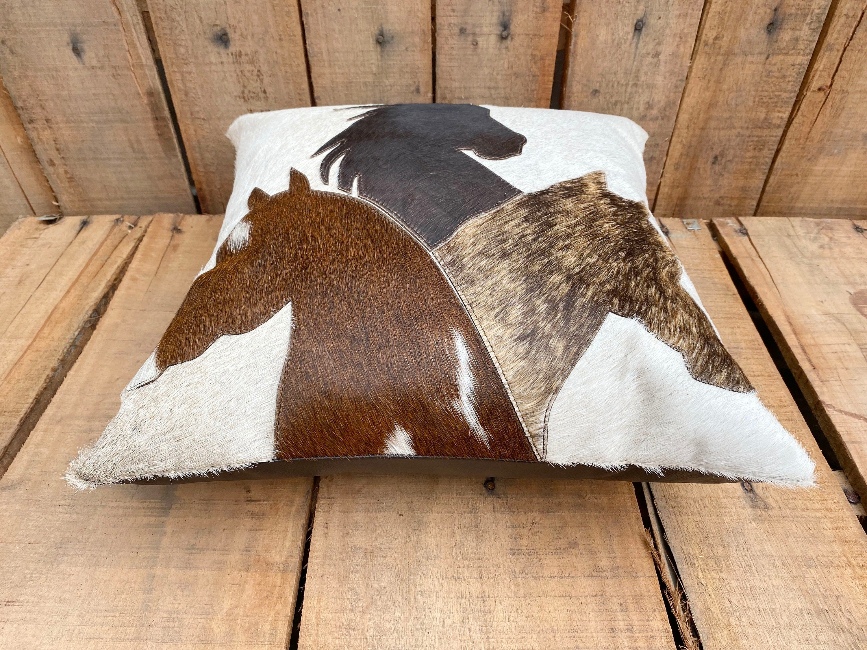 Leather pillow cover zippered couch cushion covers Leather engraved Horse family love view Patch western leather Pillow cover by Mousm