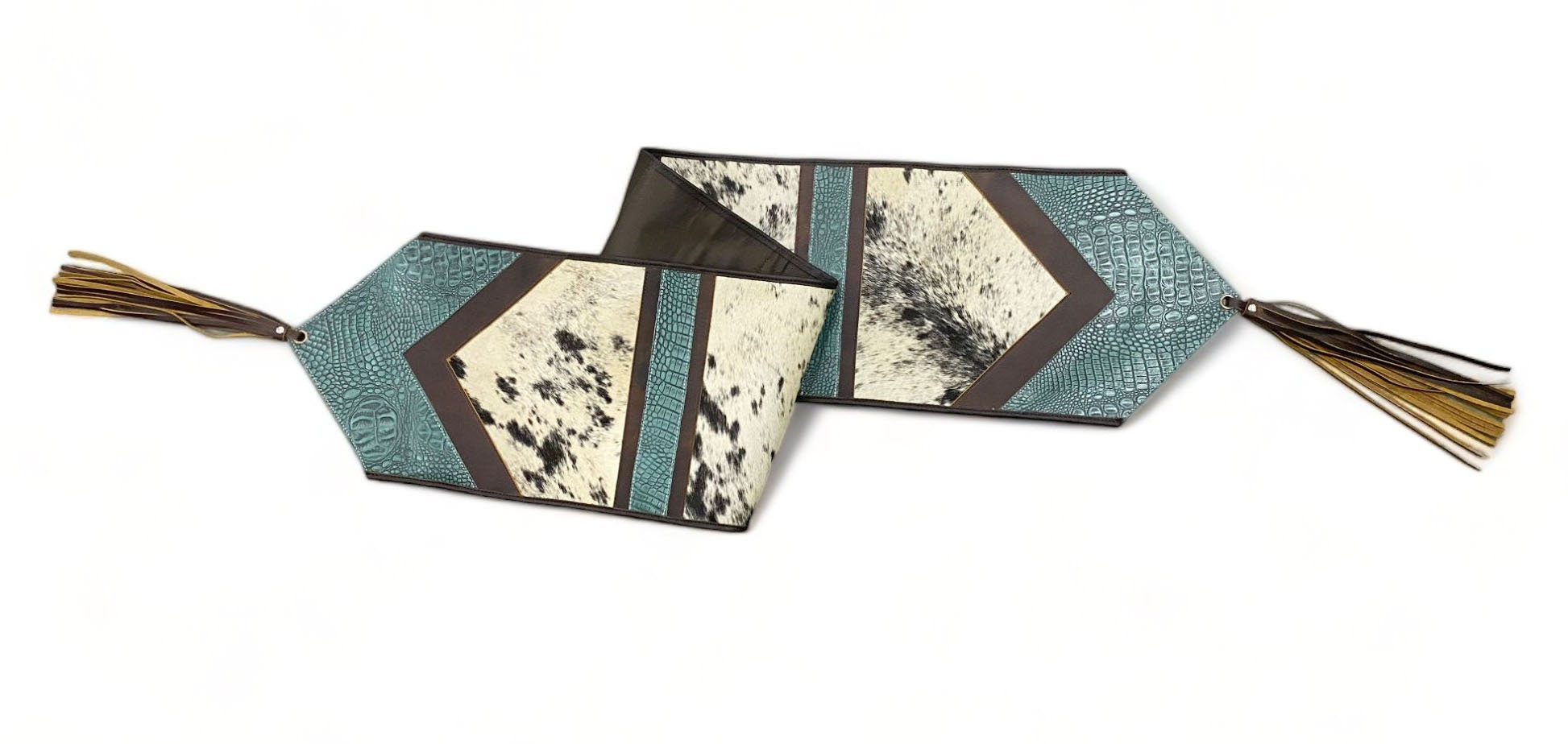 MOUSM Real Cow Hide Leather Table Runner - 72x12 Inches Decorated with Laser Cut Turquoise Engraved Leather Patched and Leather Fringes Both Side