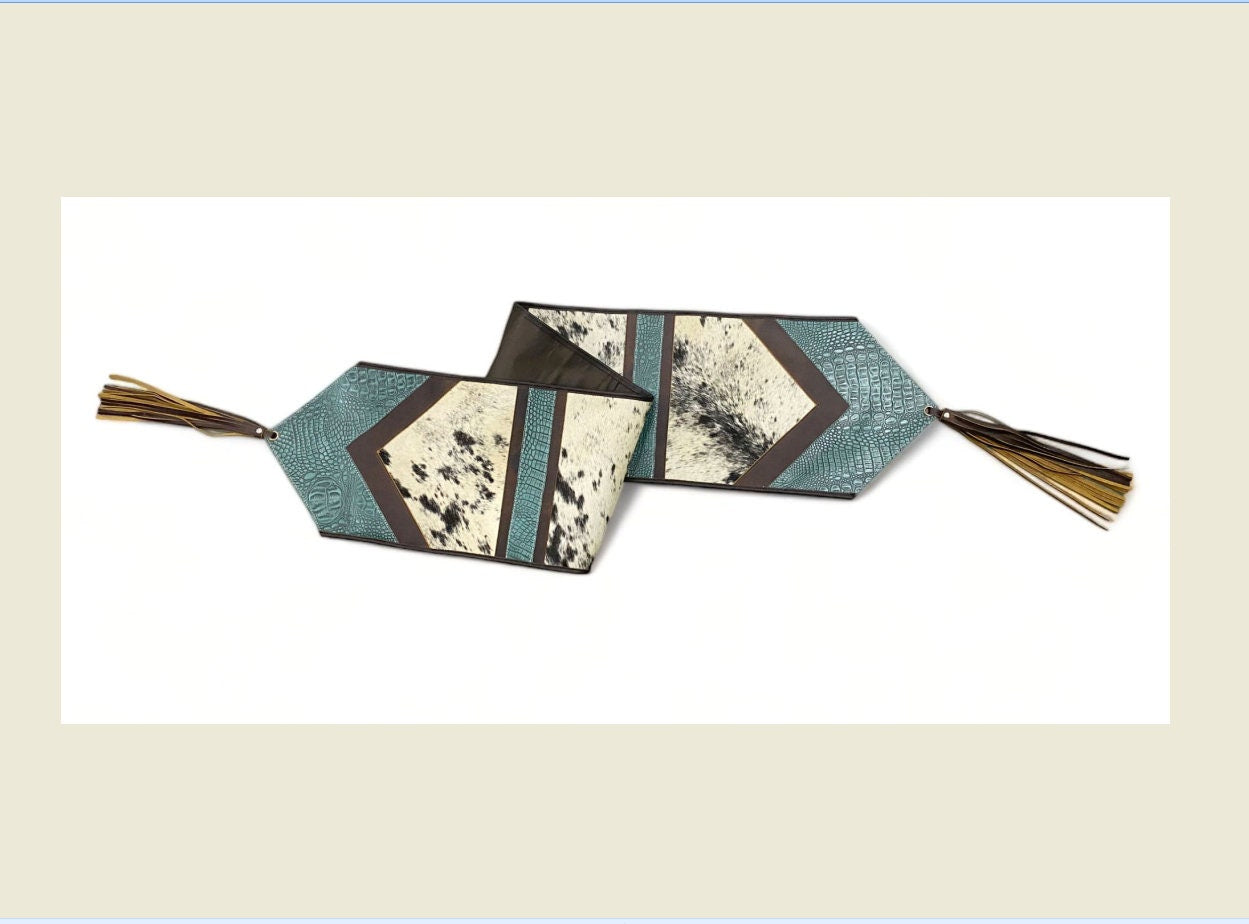 MOUSM Real Cow Hide Leather Table Runner - 72x12 Inches Decorated with Laser Cut Turquoise Engraved Leather Patched and Leather Fringes Both Side
