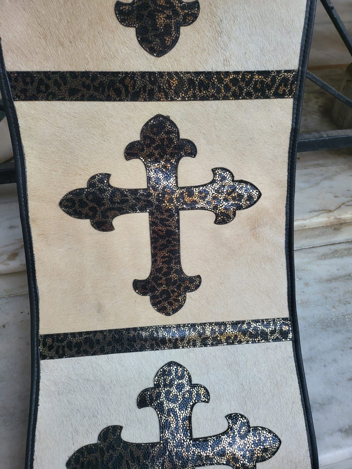 MOSUM Real Cow Hide Leather Table runner – 72x12 Inches, Table Runner Acid Wash on Cream Colour Cowhide with Crucifix on Leopard Print Patch in the Center