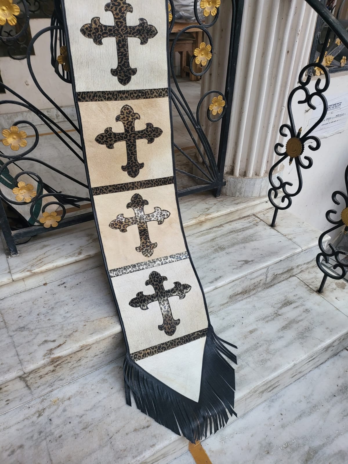 MOSUM Real Cow Hide Leather Table runner – 72x12 Inches, Table Runner Acid Wash on Cream Colour Cowhide with Crucifix on Leopard Print Patch in the Center