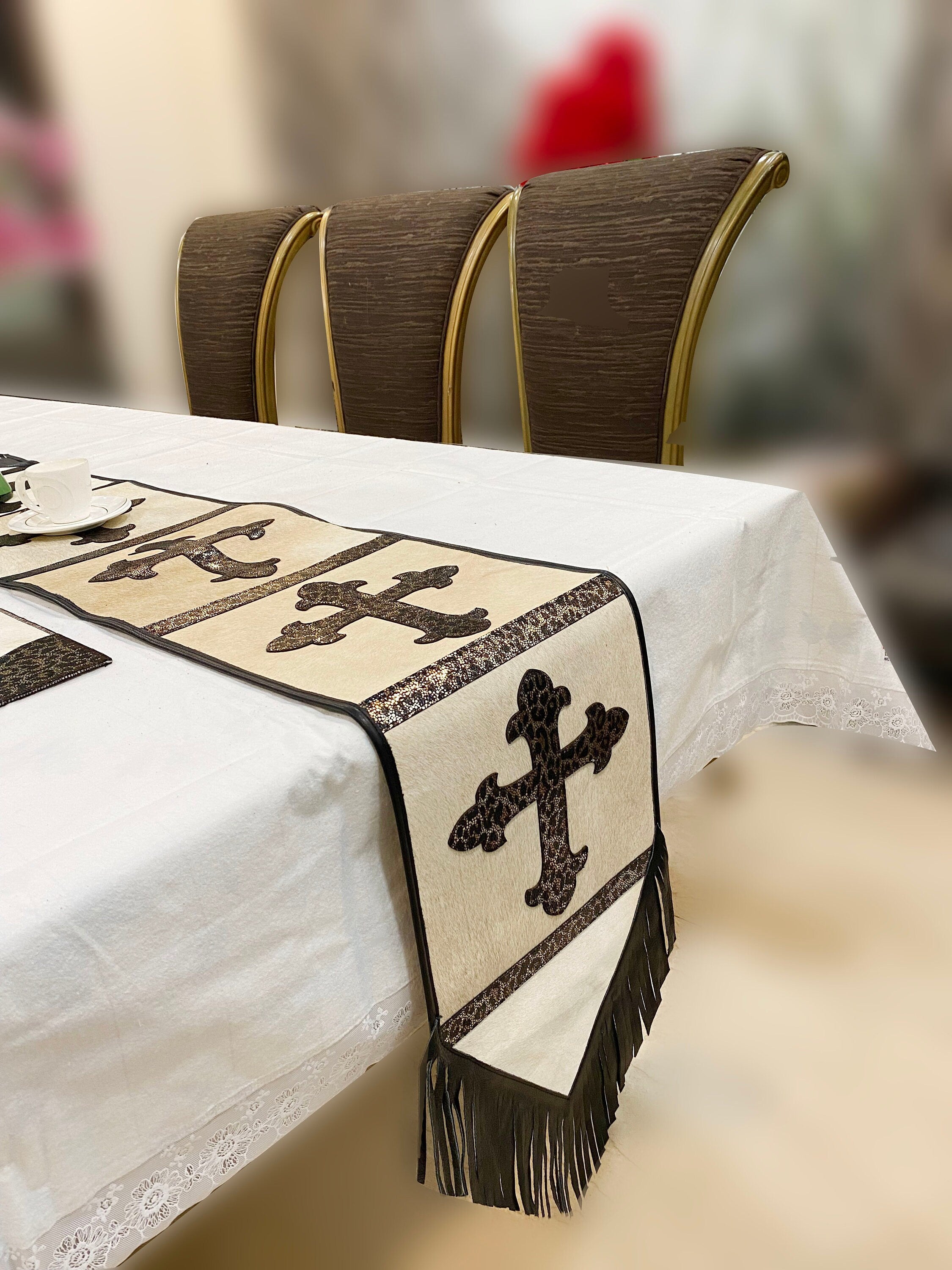 MOSUM Real Cow Hide Leather Table runner – 72x12 Inches, Table Runner Acid Wash on Cream Colour Cowhide with Crucifix on Leopard Print Patch in the Center