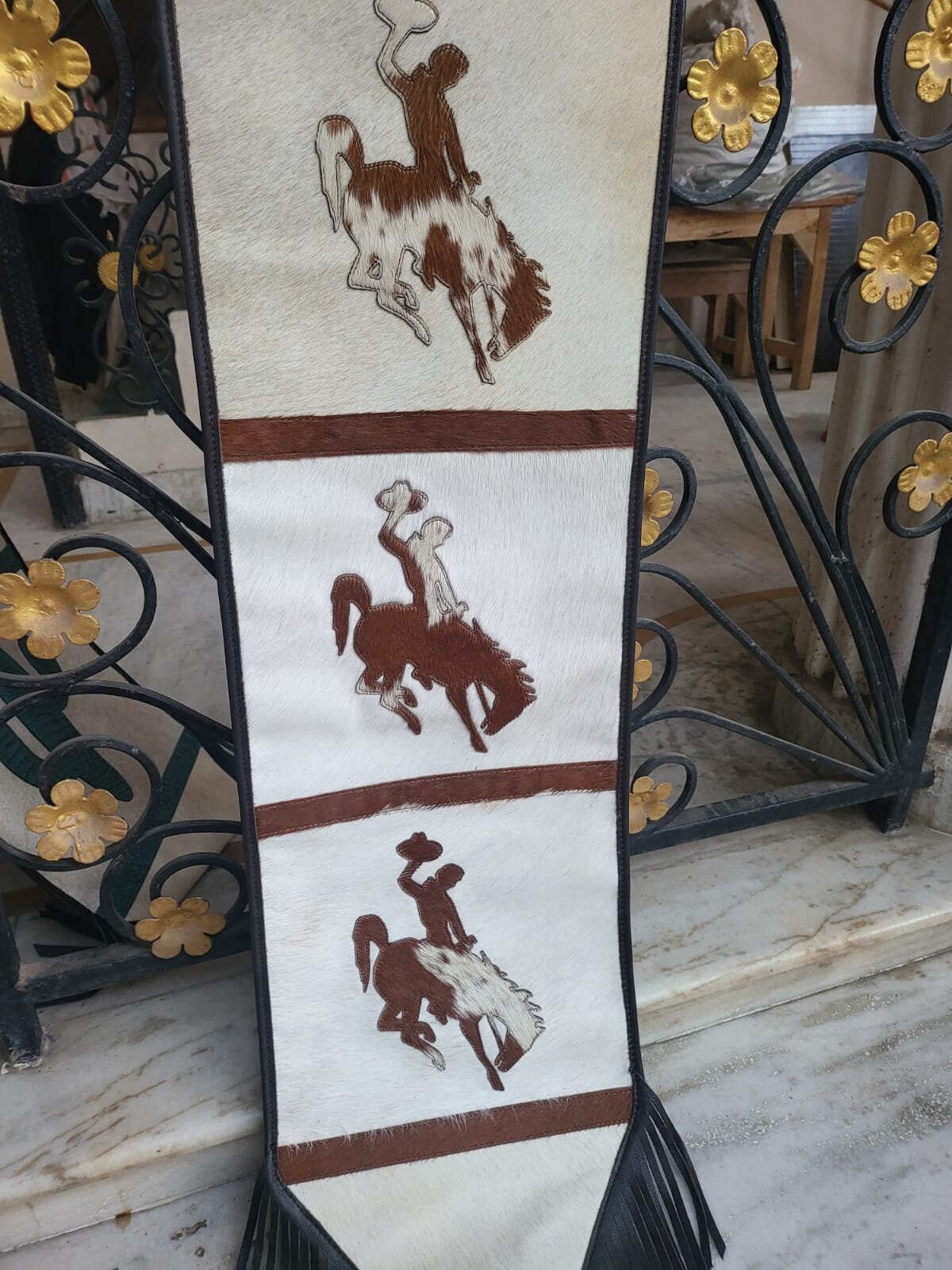 MOUSM Real Cowhide Leather Table Runner – 72x12 Inches, Decorated with Laser-Cut Riding Horse & Jockey Patch with Fringe at Corners, Perfect for Christmas Décor